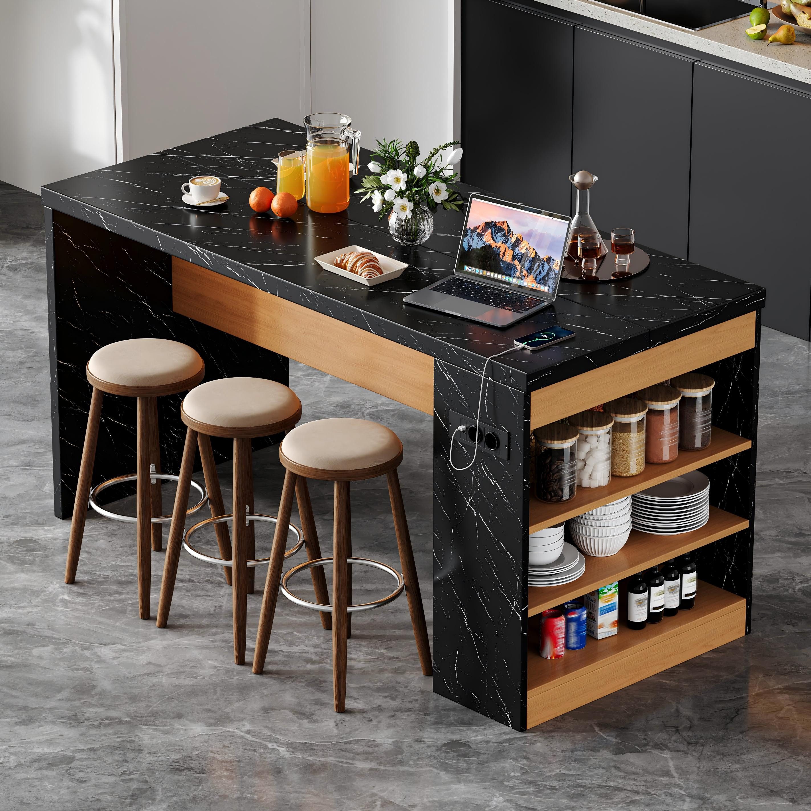 Flieks Kücheninsel mit Arbeitsplatte, LED-Beleuchtung, Steckdose,3 offenen Seitenablagen, (155x80x90 cm, Mehrzweckschrank mit 2xAC+2xUSB), multifunktional Küchenschrank mit Ladenfunktion, schwarz Marmoroptik