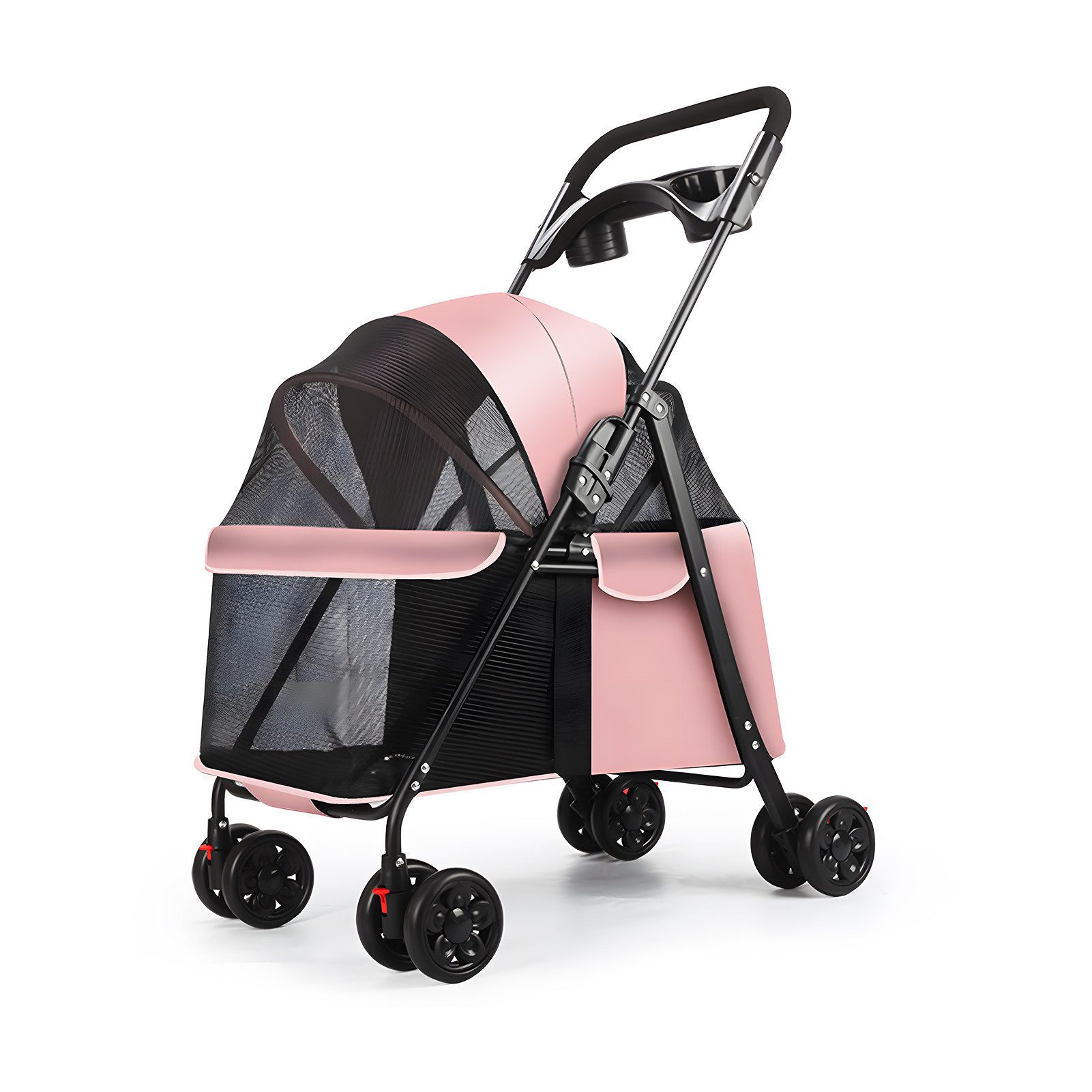 Rutaqian Hundebuggy Haustier-Buggy, Hunde-und Katzenbuggy für mittelgroße und kleine Hunde, (1-tlg), zusammenklappbar, mit Getränkehalter und atmungsaktivem Netz,4 Rädern