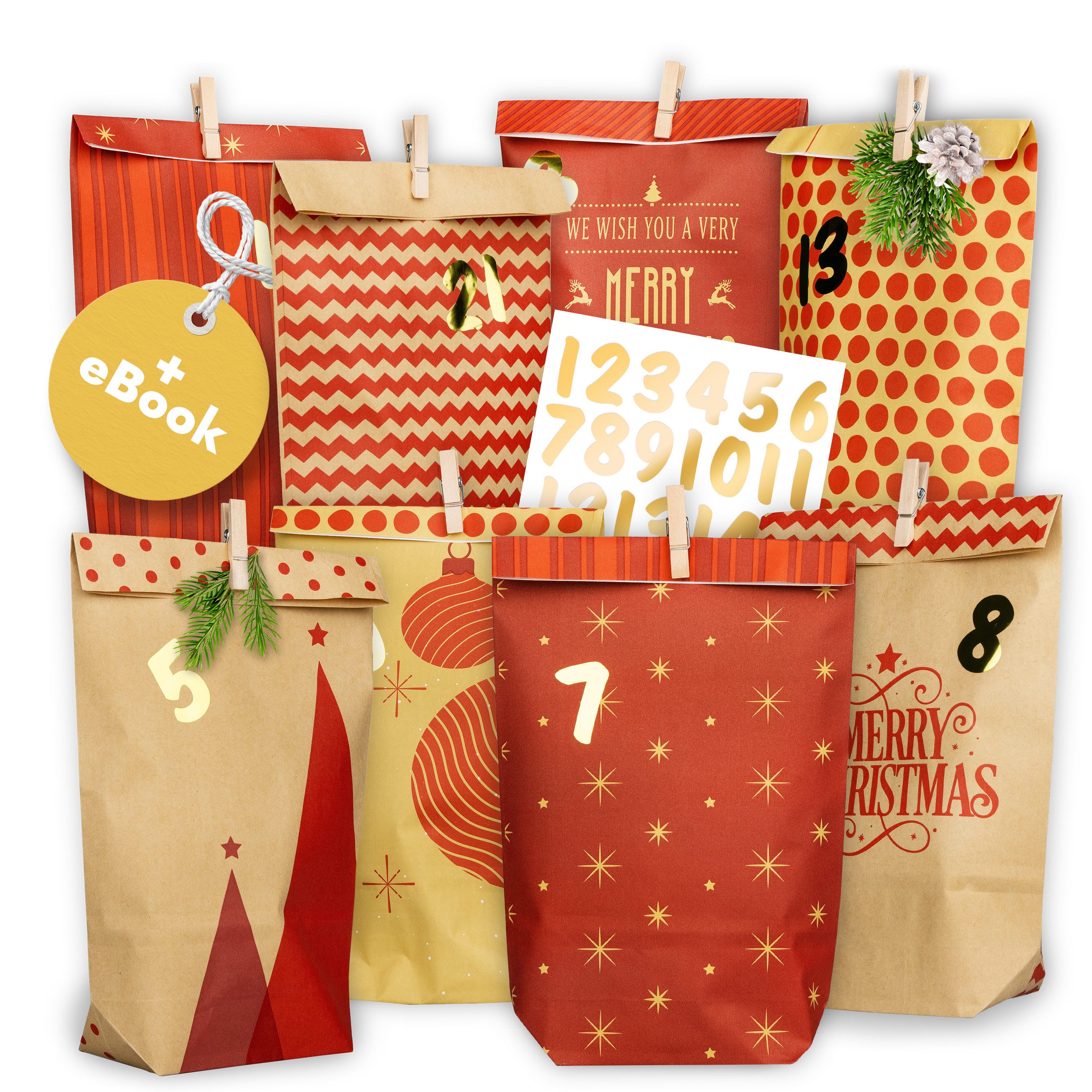 Amari befüllbarer Adventskalender Adventskalender zum Befüllen 2026, 24 Papiertüten 14×22 cm mit Zahlen (DIY Set, 72-tlg), Designs für Kinder & Erwachsene, wiederverwendbar, Ideen zum Befüllen