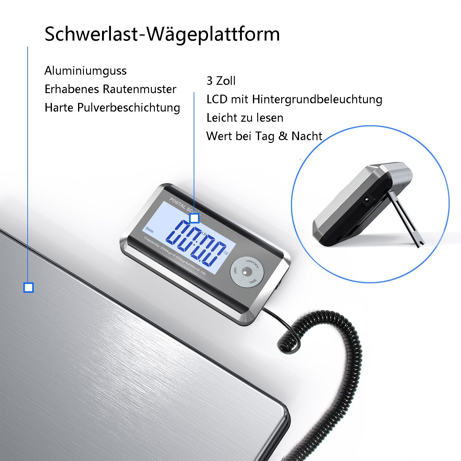 Zedelmaier Feinwaage Digitale Packetwaage Postwaage mit wandmontierbarem LCD-Display, (Wand Display Paketwaage), Briefwaage Bis 200kgs, d=50g, Edelstahlplatte