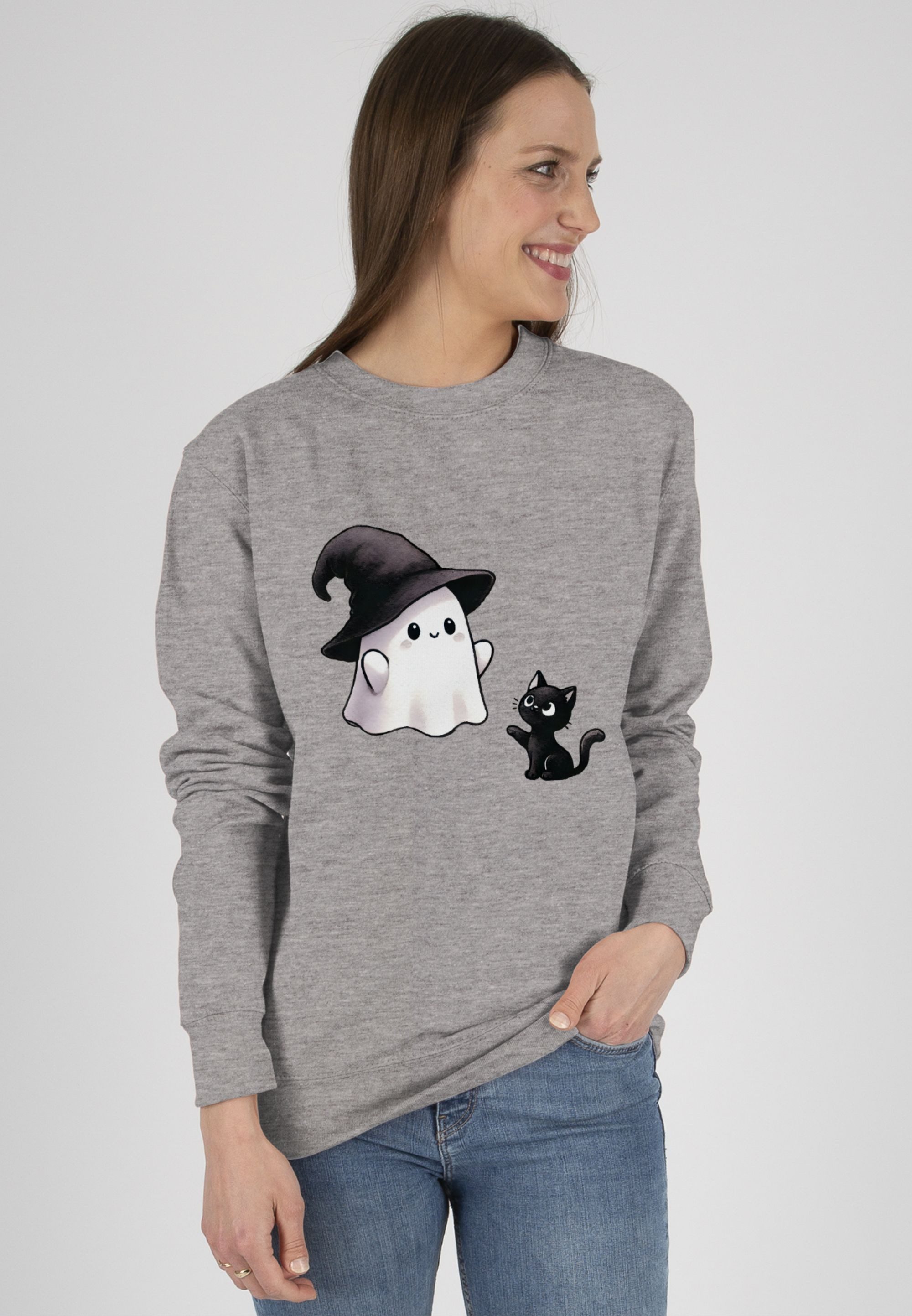 Shirtracer Sweatshirt Süßes Geister Motiv mit Katze, Halloween Katzenmotiv (1-tlg) Halloween Kostüme Damen