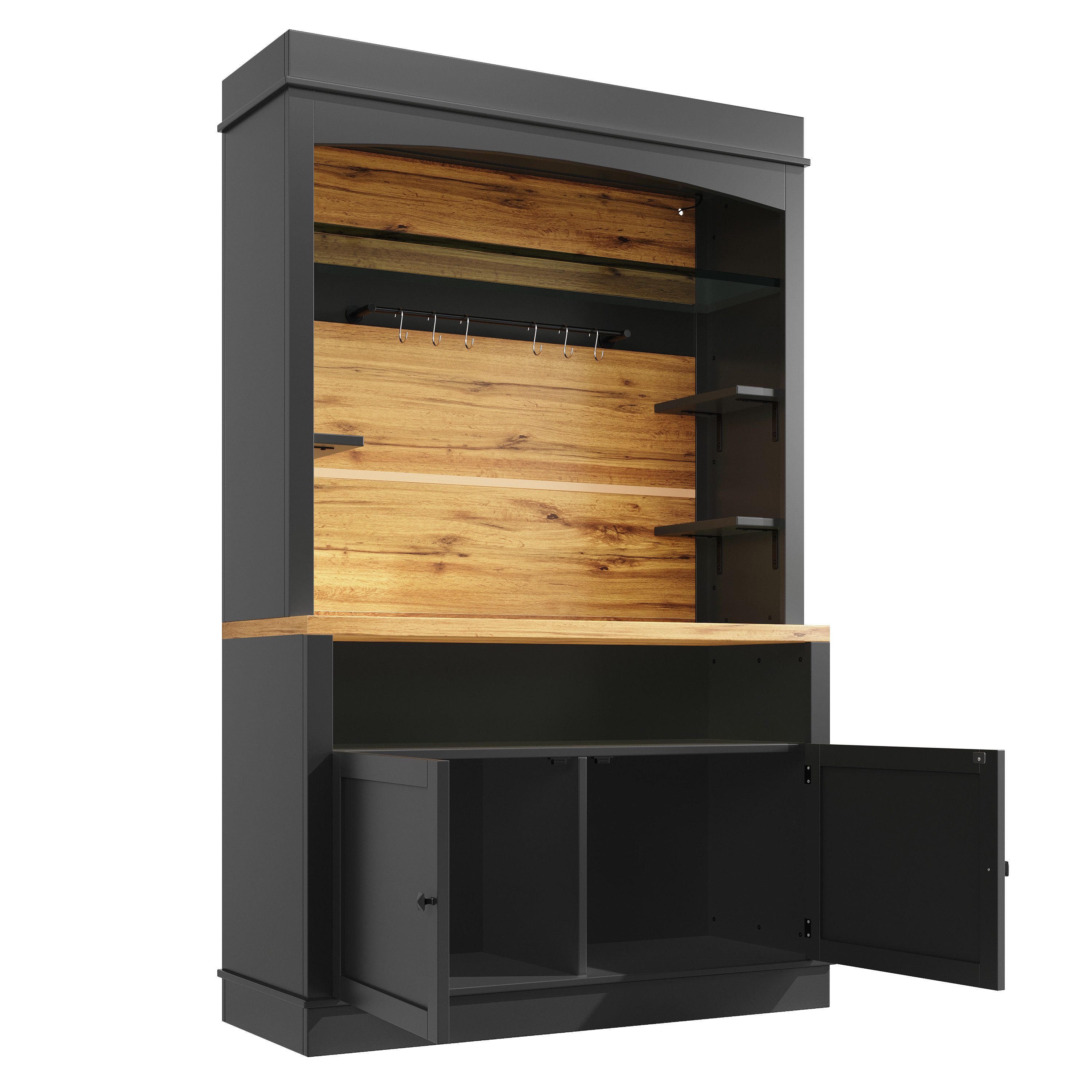 Flieks Küchenbuffet mit LED-Beleuchtung, Gläserhalter und Ablagen (1-St., 107x43x184 cm) Hochschrank Küchenschrank Buffetschrank mit Stauraum Schwarz