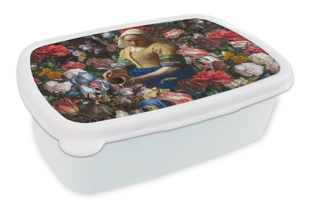 Kunststoff, und Jungs Lunchbox Milchmädchen Johannes Brotdose, Farben, Mädchen für (2-tlg), Blumen Brotbox - Kinder Vermeer - für MuchoWow weiß - Erwachsene, und