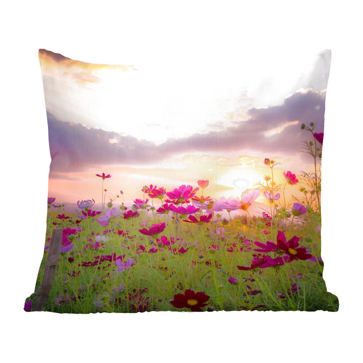 MuchoWow Dekokissen Sonnenuntergang - Blumen - Rosa - Natur - Grün, Zierkissen mit Füllung für Wohzimmer, Schlafzimmer, Deko, Sofakissen