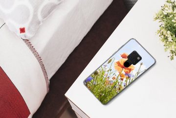 MuchoWow Handyhülle Blumen - Mohn - Frühling - Natur - Rot - Blau, Phone Case, Handyhülle Huawei Mate 20, Silikon, Schutzhülle