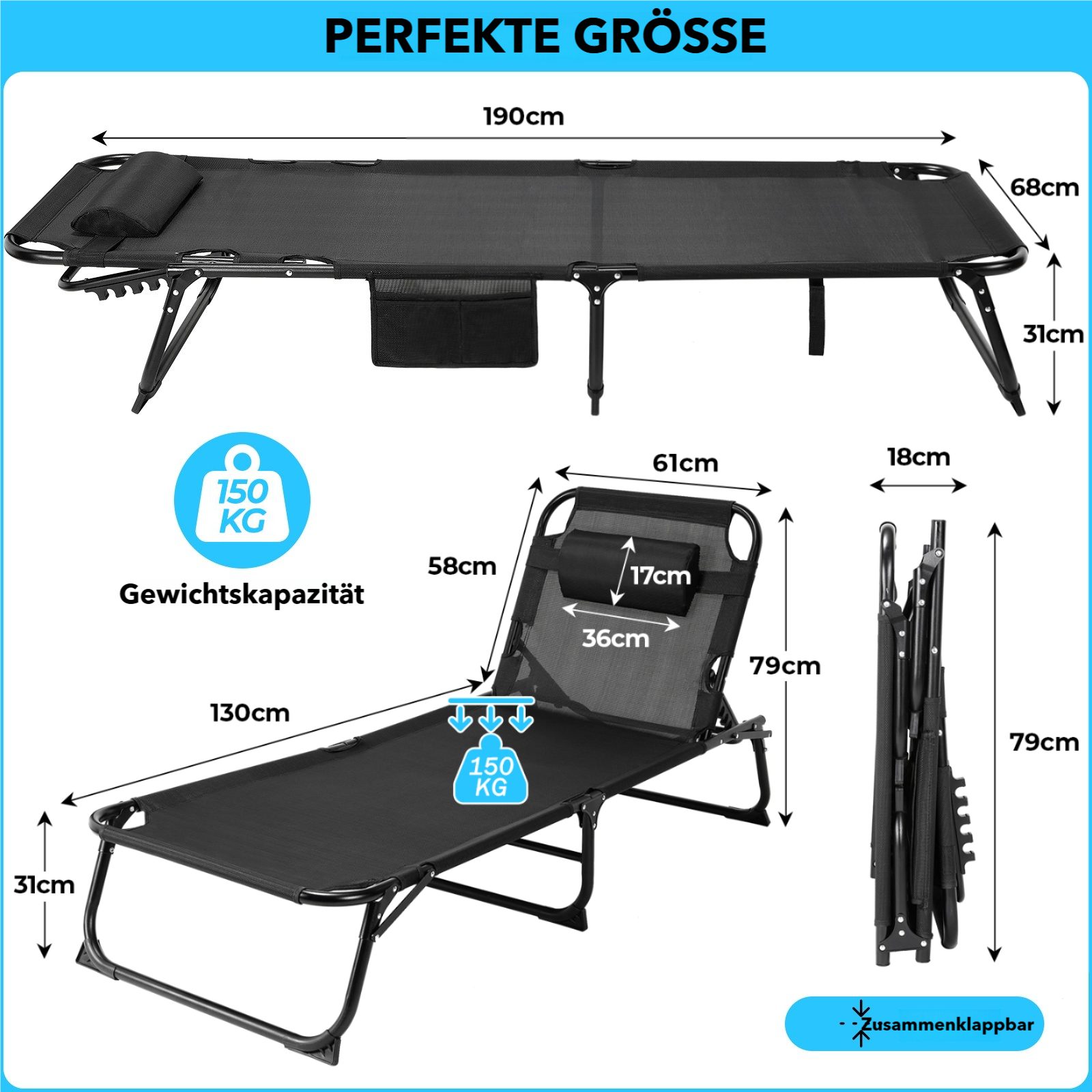 TLGREEN Klappbett Gästebett,Gartenliege,XL Sonnenliege,5-stufig Verstellbar Liegestuhl, (190 * 68 * 31 cm Klappbar mit Auflage Wasserdicht, Campingliege, 1-St) für Balkon, bis 150kg