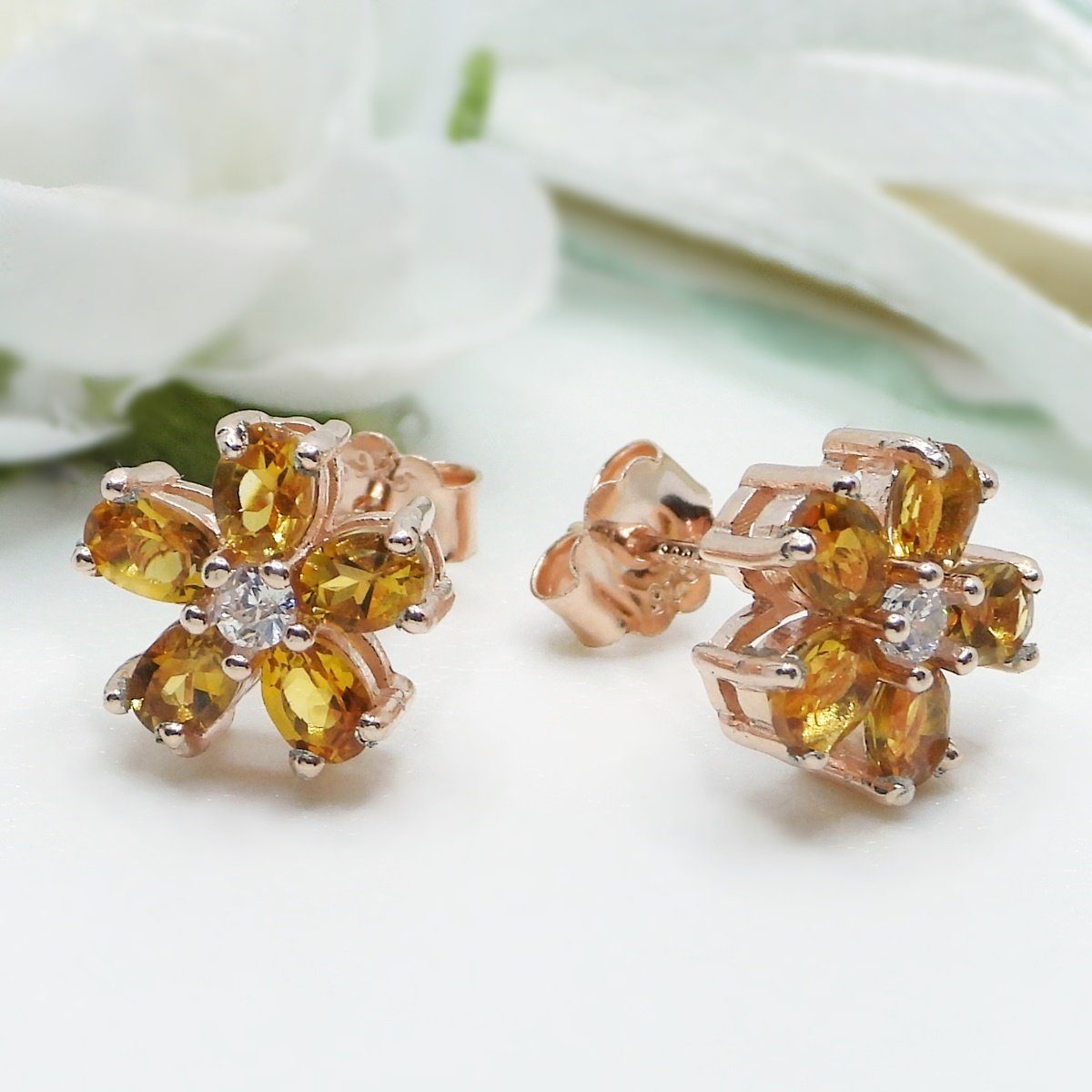 Goldene Ohrringe, Hufeisen Paar Ohrstecker Rosegold anlaufgeschützt Silber Edelsteine Citrin 925 Ohrstecker