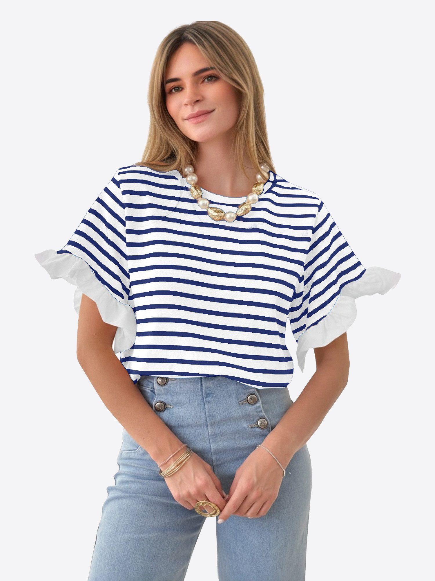 Imily Bela T-Shirt Damen Kurzarm Streifenmuster und Rüschenärmeln Casual Basic (Packung, 1-tlg., 1per-Pack) mit Rundhalsausschnitt
