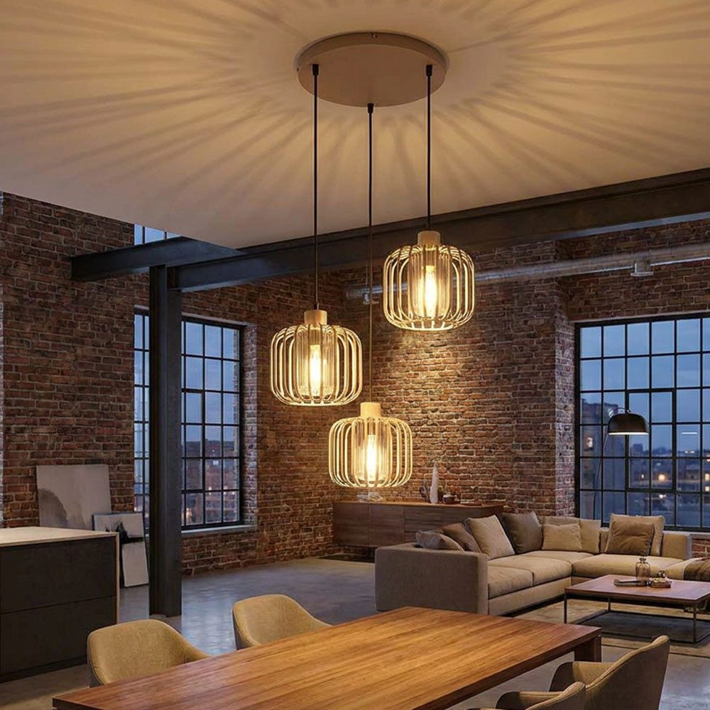 GLOBO LIGHTING Pendelleuchte, Leuchtmittel nicht inklusive, Hängelampe Pendelleuchte Metallgitter sand Rauchglas 3-Flammig Retro