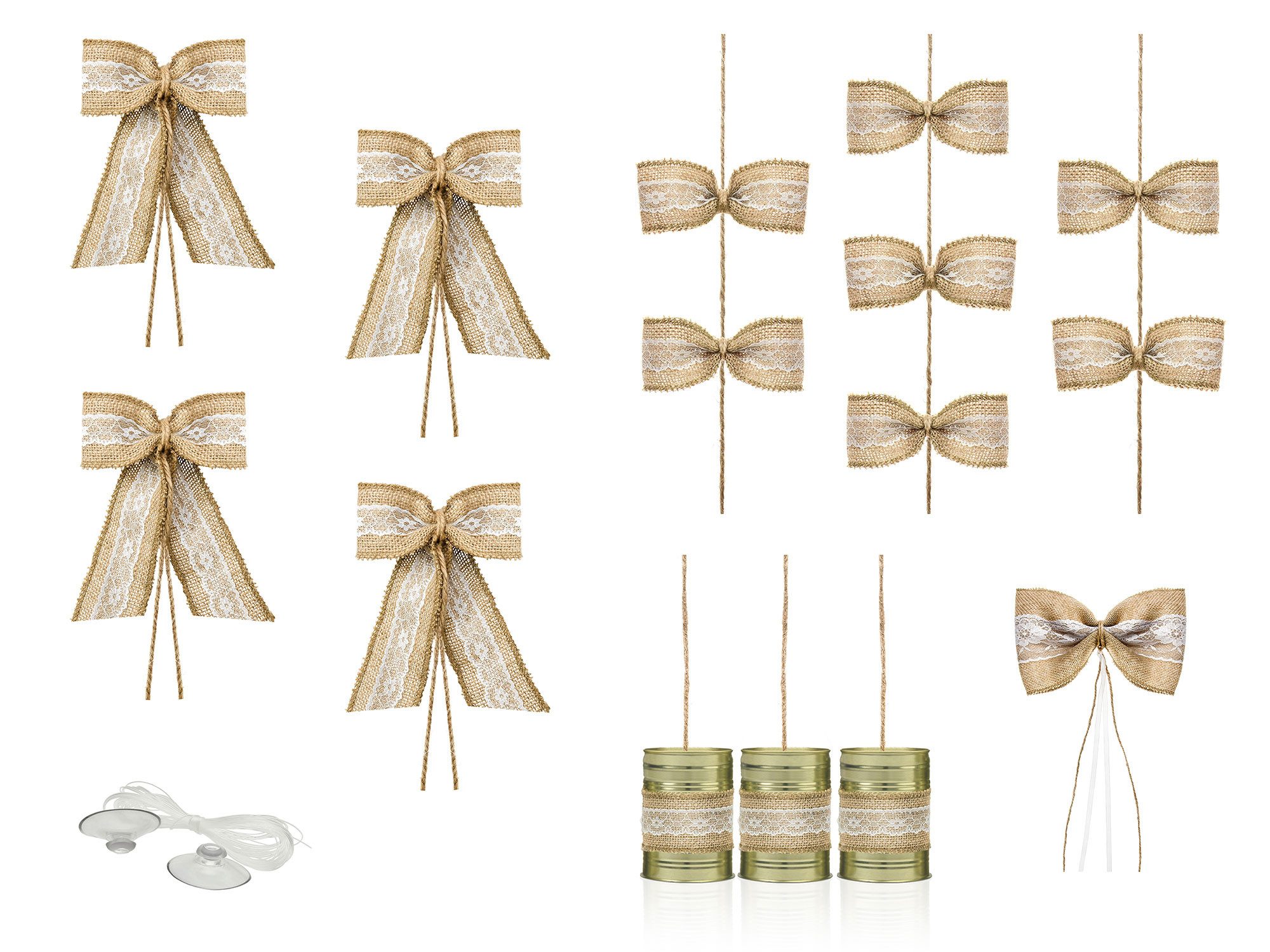 partydeco Dekoband, Autoschleifen Hochzeit Jute mit Saugnapf 16-teiliges Set Natur Braun