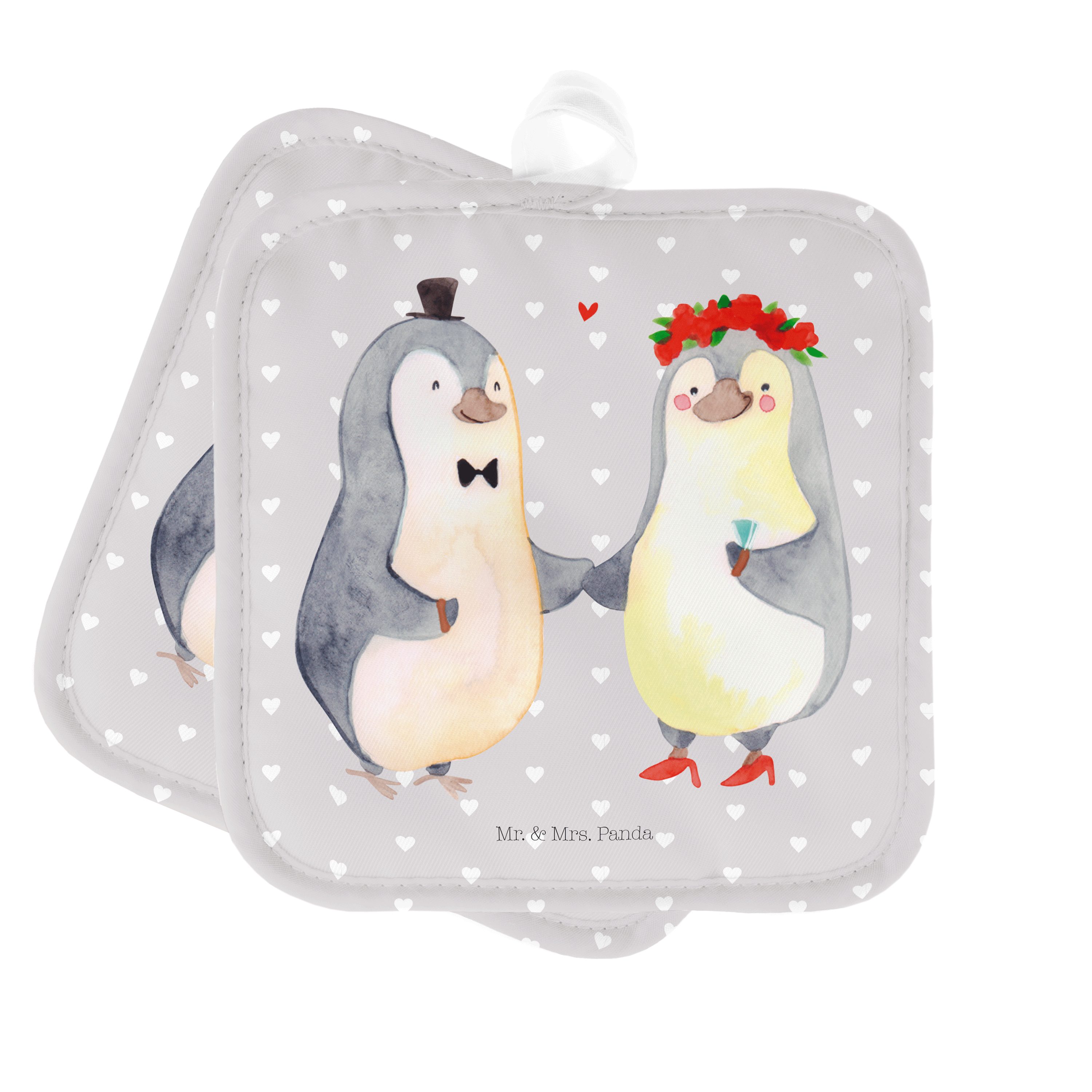 Mr. & Mrs. Panda Topflappen Pinguin Heirat - Grau Pastell - Geschenk, Topflappen mit Spruch, Paar, (1-tlg)