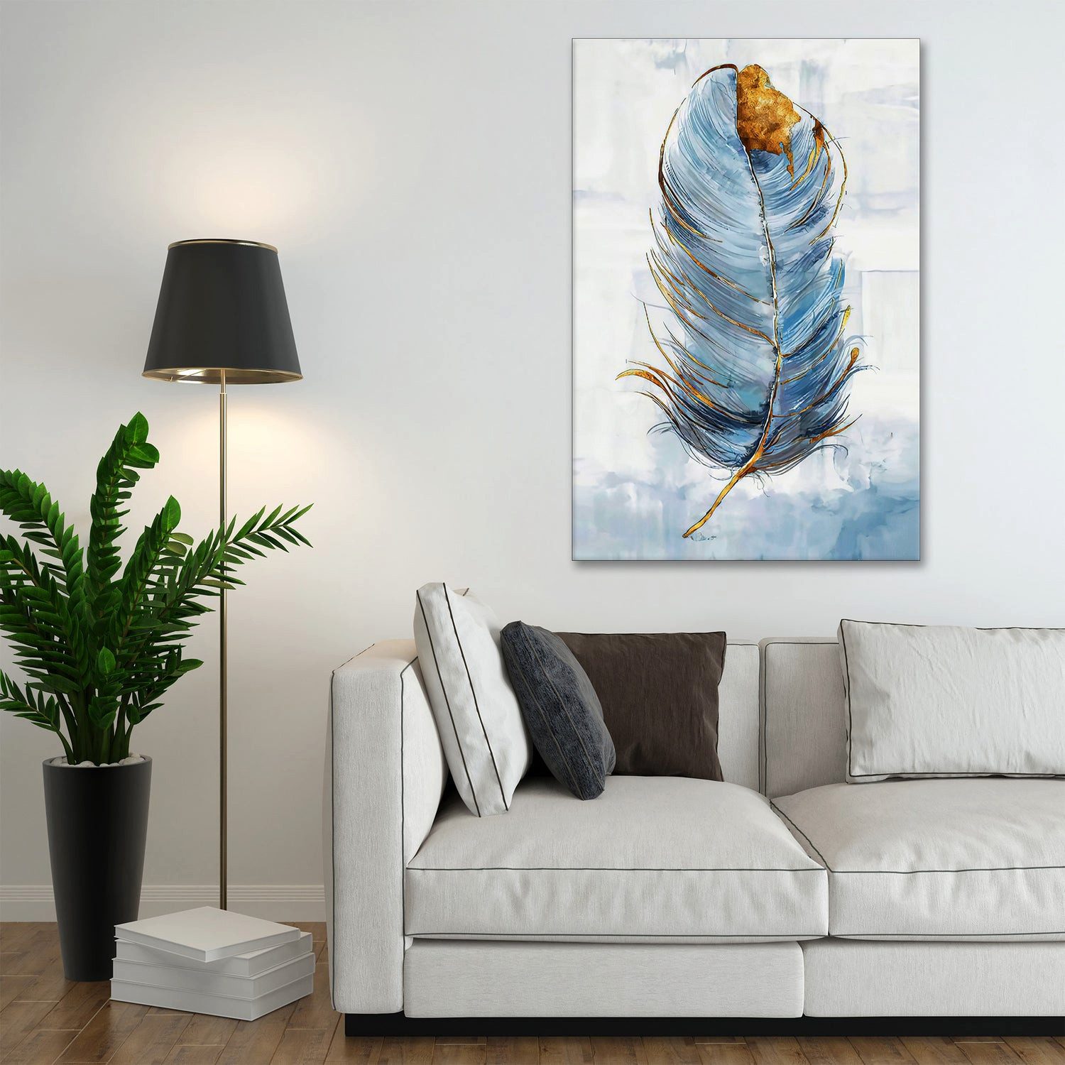 Artedinoi Leinwandbild Feder Blau Gold Abstrakt Leinwandbild Wandbild XL Deko Kunst, Feder in Blau