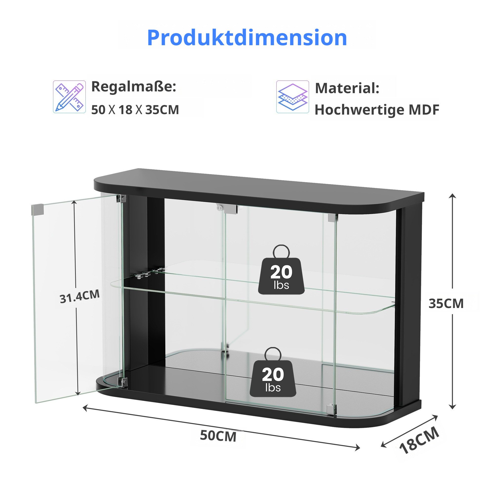 LVSOMT Glasvitrine mit LED Beleuchtung, Sammlerstücke Präsentieren (1-St) Figuren Aufbewahren, Temperglas, Push-to-open