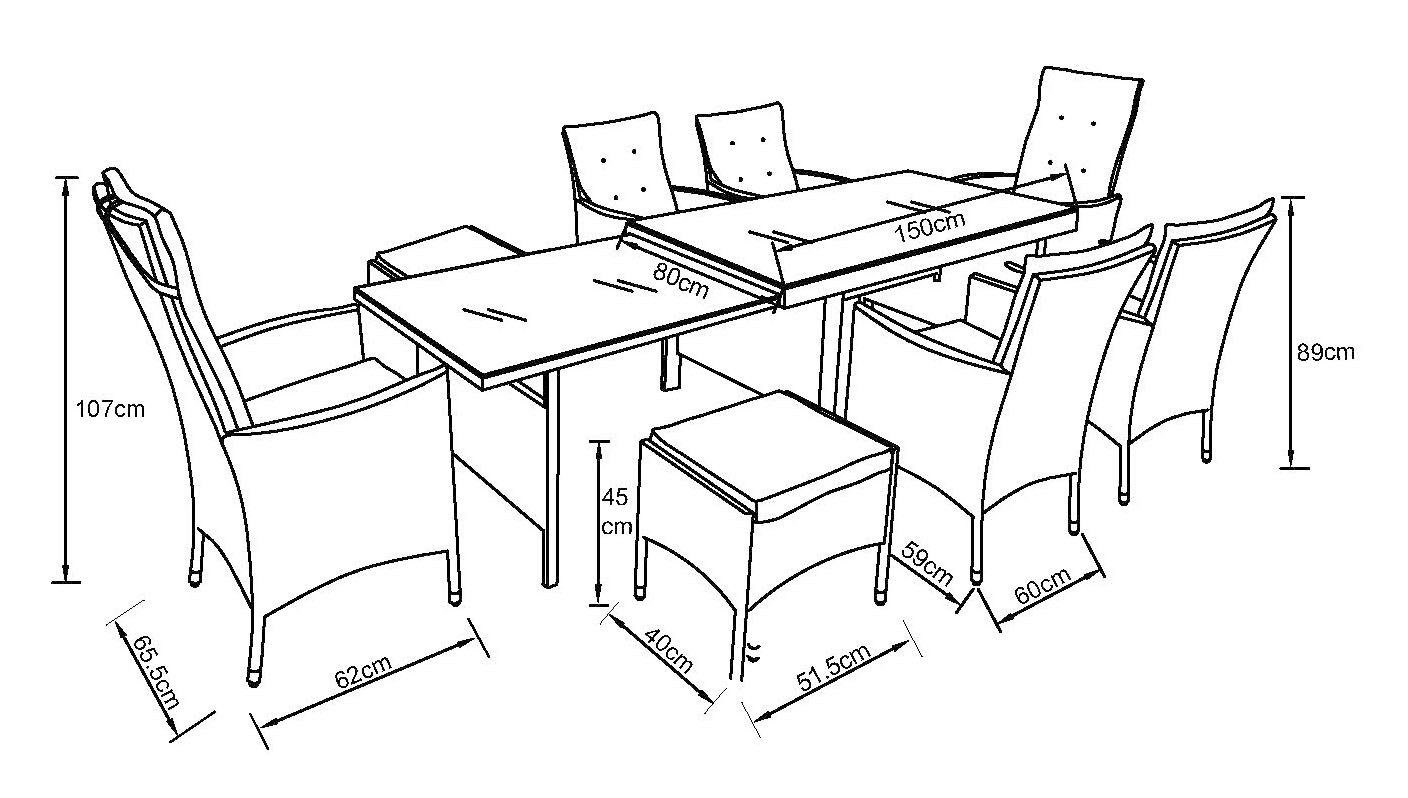 KONIFERA Garten-Essgruppe Parla, (Set, 21-tlg., 6xSessel, 1x AZ-Tisch 150-242,5cm,2x Hocker,inkl. Auflagen, Polyrattan), 2 der 6 Sessel sind verstellbar, Grau, Tischplatte aus Sicherheitsglas