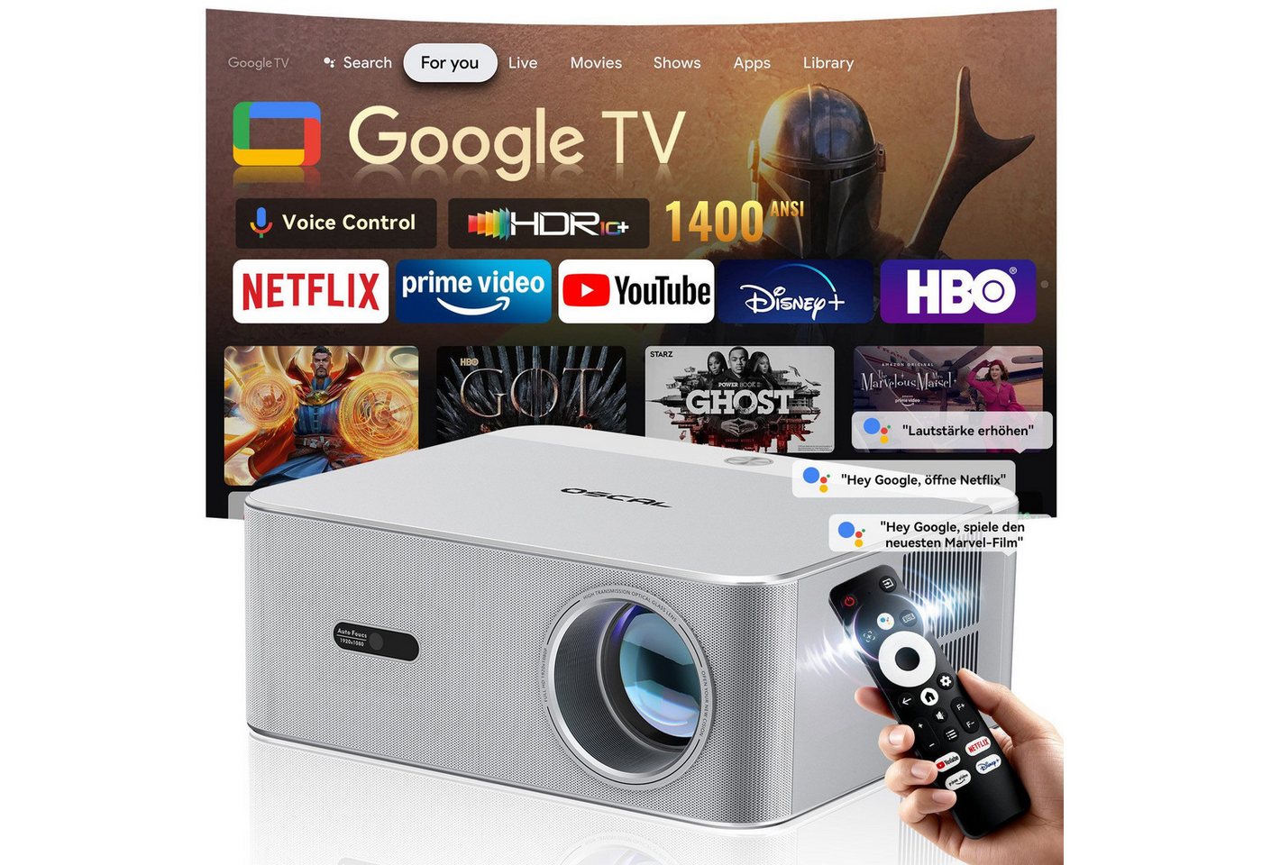 OSCAL PV800 PRO: 1400 ANSI Lumen, 4K incl. Bluetooth Laustprecher Beamer (1400 lm, Google TV, WiFi 6, Auto-Fokus, Auto-Keystone, BT 5.0, 4000:1 Kontrast)