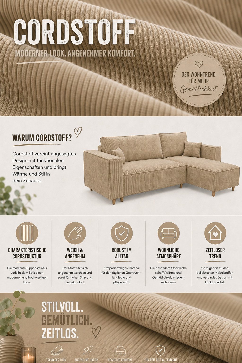 MARPUR Ecksofa RIO aus Cordstoff mit Schlaffunktion und Bettkasten, L-Form Couch, Universal Ottomane, in 7 trendigen Farben wählbar – Bild 5 von 5