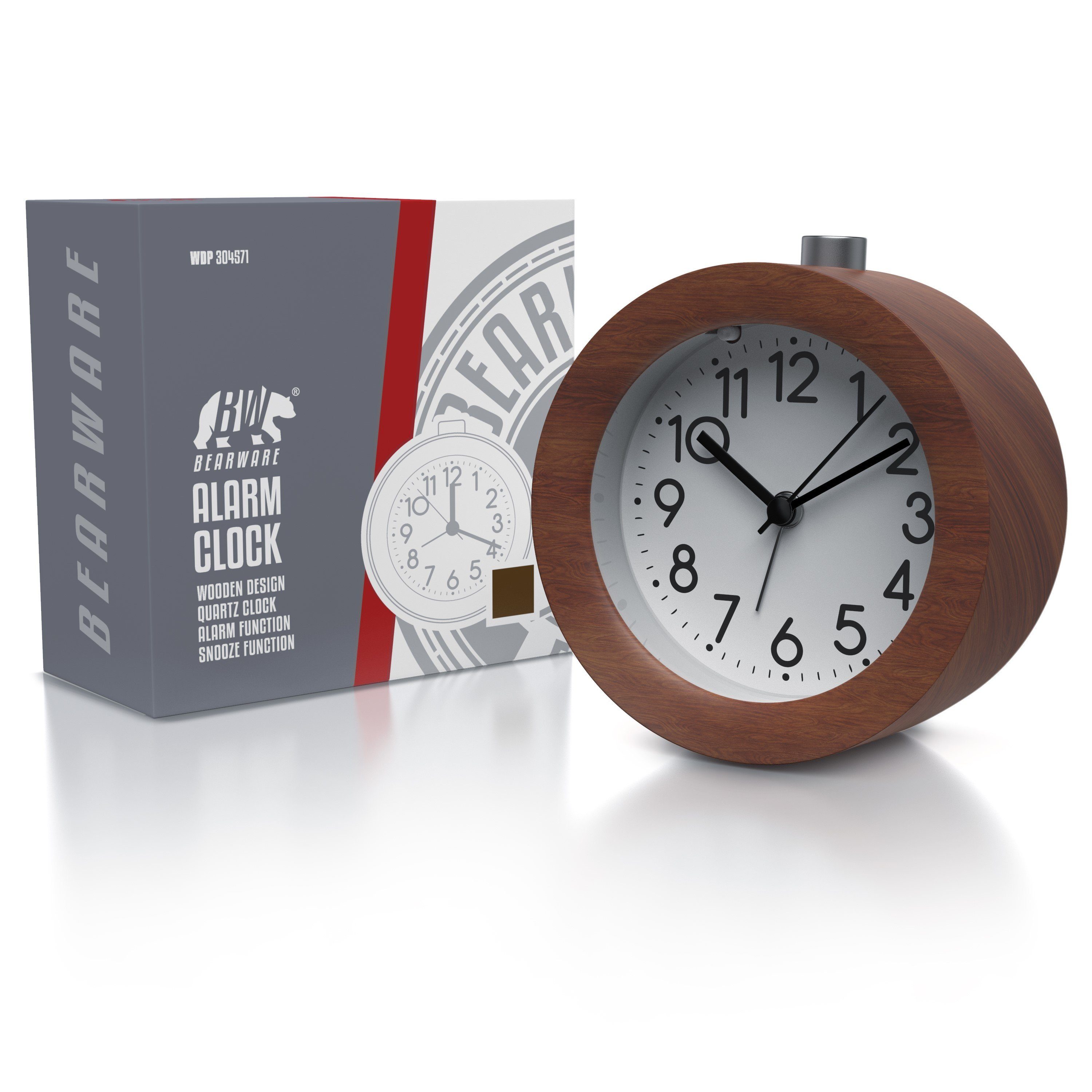 BEARWARE Wecker Analoge Weckuhr mit rundem Holzkorpus & beleuchtetem Ziffernblatt