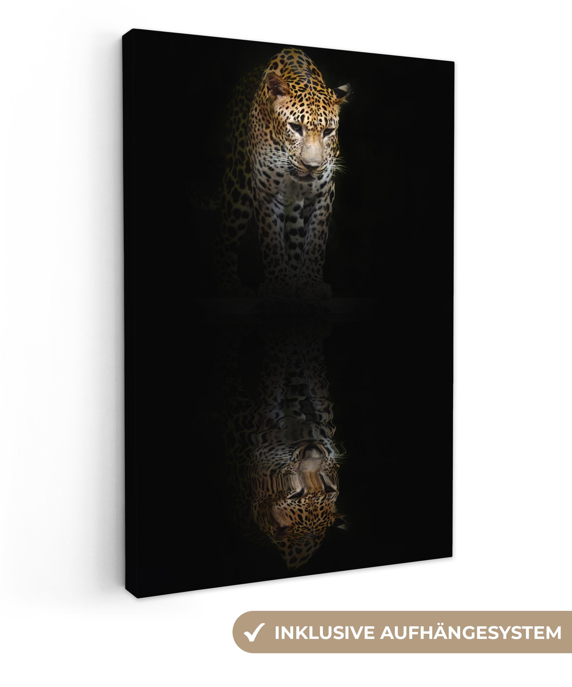 OneMillionCanvasses® Leinwandbild Leopard - Reflexion - Schwarz, (1 St), Leinwandbild fertig bespannt inkl. Zackenaufhänger, Gemälde, 20x30 cm
