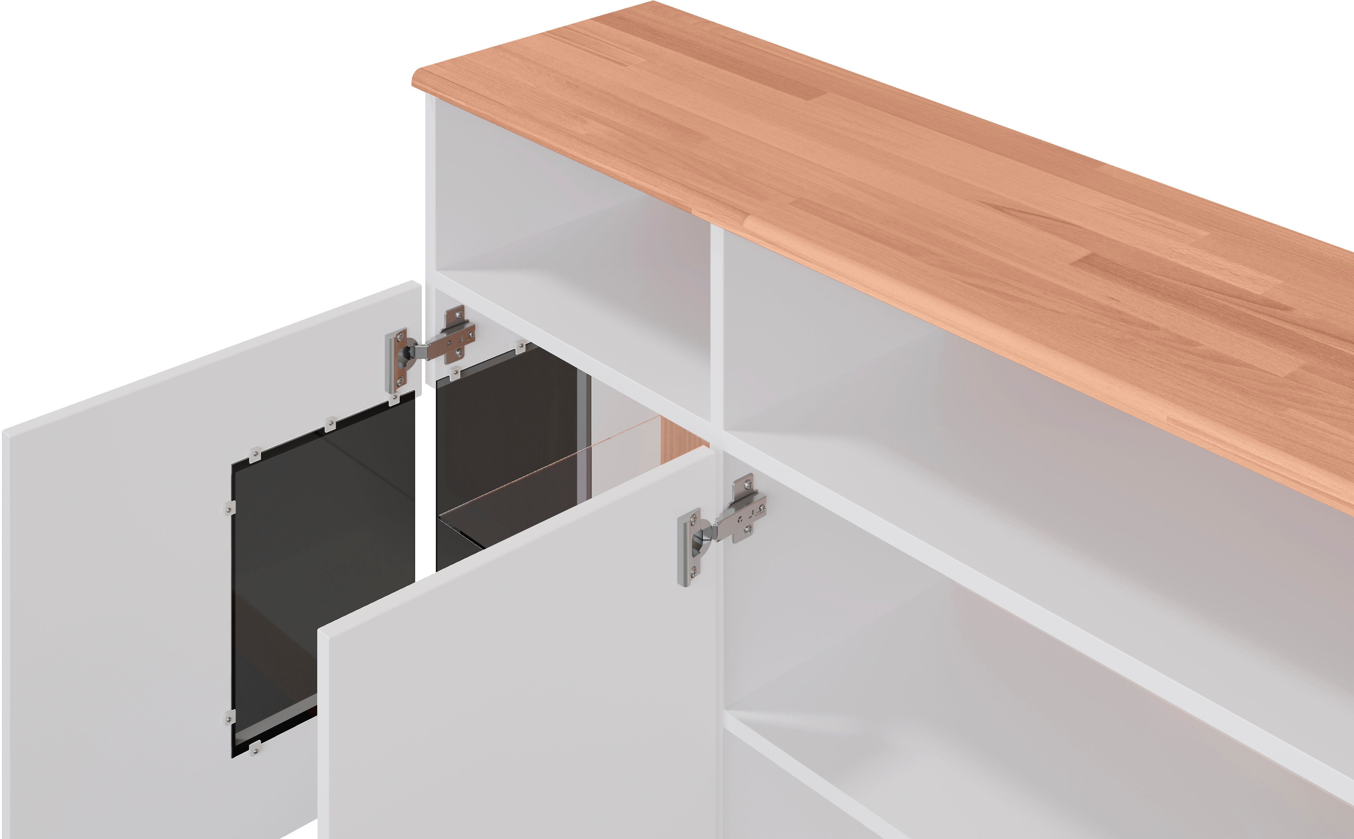 Home affaire Sideboard RIBE20 Fronten massiv,Korpus Melamin, 2 Türen mit Glaseinsatz, Oberplatte Massivholz,schwarze Metall Griffe,2 Türen mit Glaseinsatz