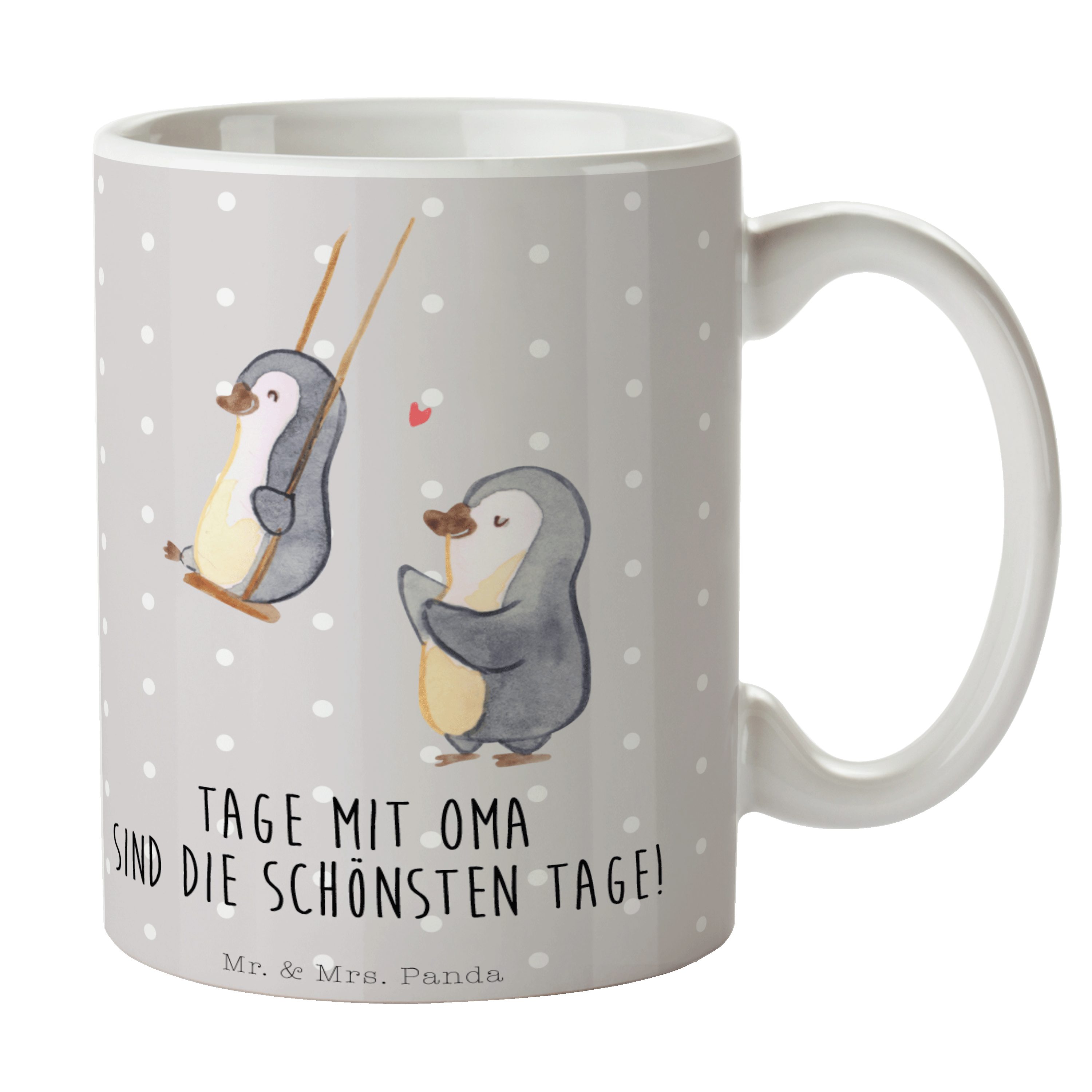 Mr. & Mrs. Panda Tasse Pinguin Oma schaukeln - Grau Pastell - Geschenk, Kaffeetasse, Lieblin, Keramik, Einzigartiges Botschaft