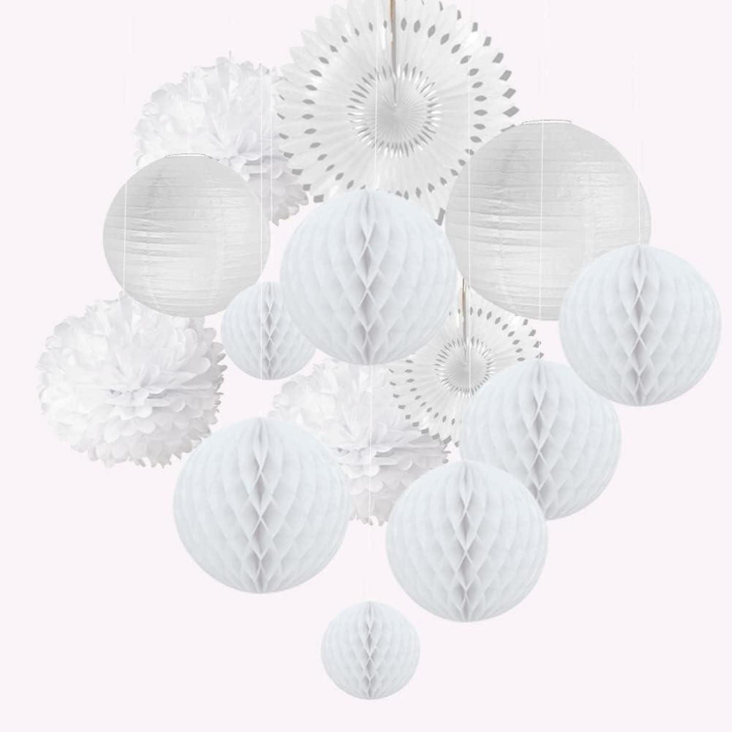LuxusKollektion Papierlaterne Deko Set Weiß 14 Teile Papier Lampions Pompons Fächer