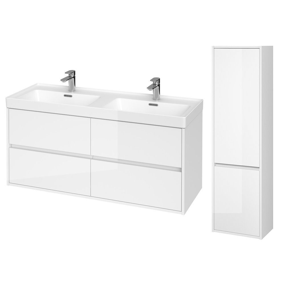 KOLMAN Badmöbel-Set CREA 120 Waschbecken-Unterschrank mit Hochschrank 140x40x25, (Weiß), mit Schubladen & Keramikwaschbecken