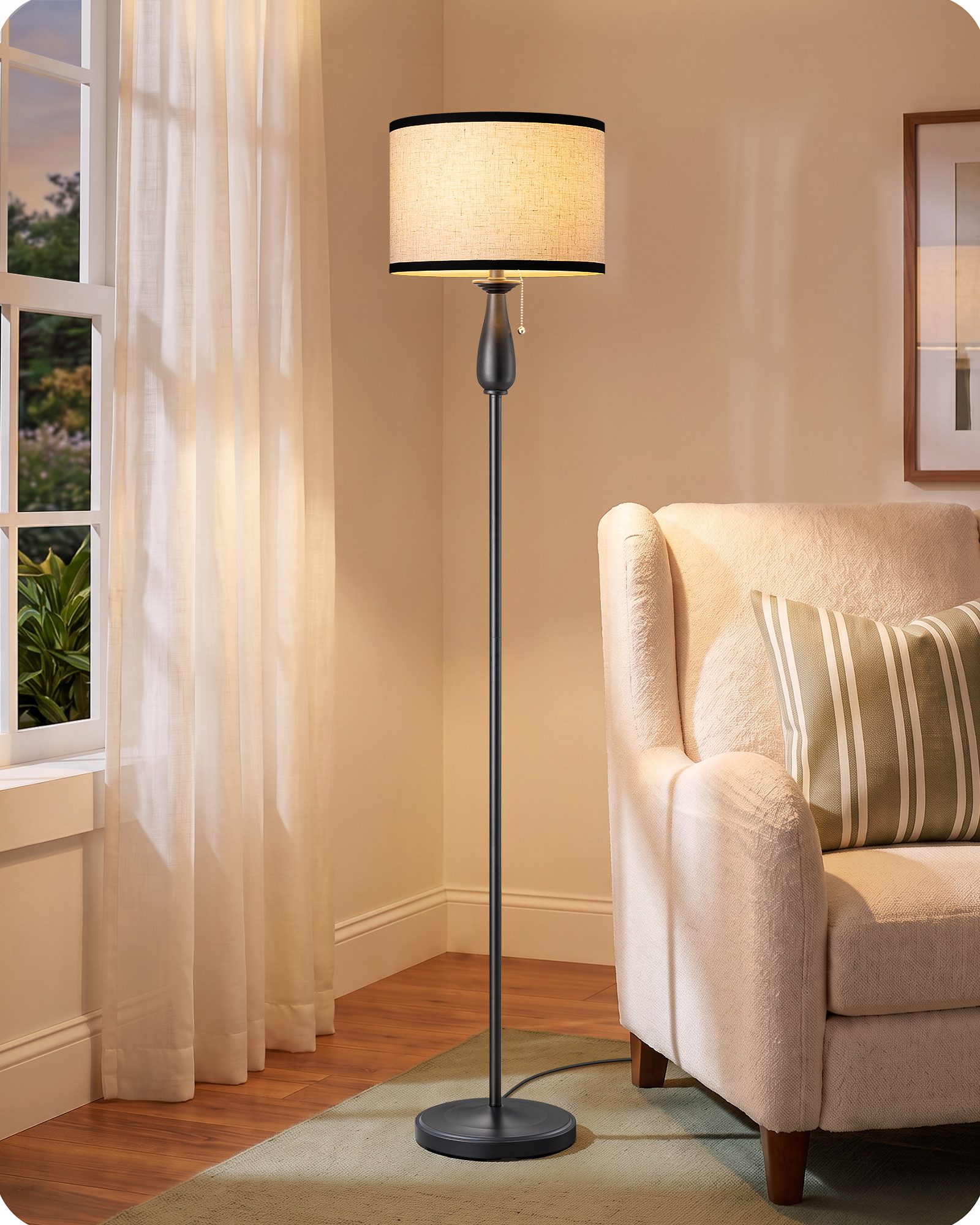 EDISHINE LED Stehlampe Wohnzimmer mit Zugschalter, LED wechselbar, warmweiß, mit Leinen Lampenschirm, 158 cm