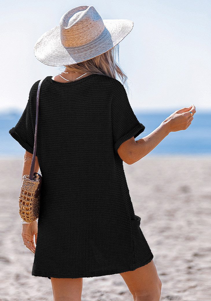 Cupshe Strandkleid Schwarzes Waffelkleid mit V-Ausschnitt und Taschen – Bild 4 von 5