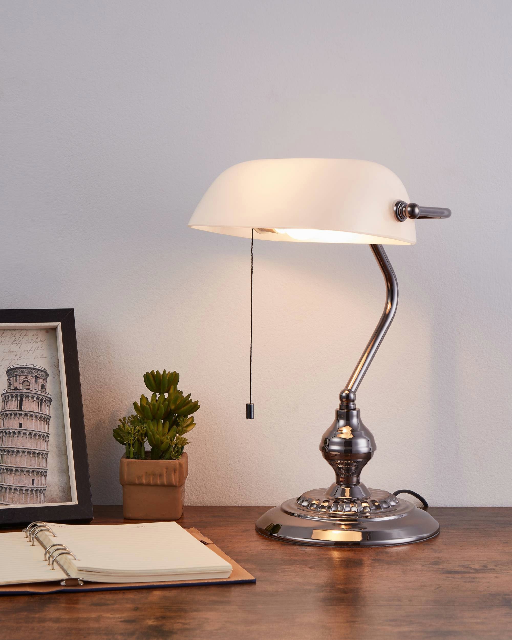 EGLO Tischleuchte Banker Tischlampe, Vintage, Retro, E27 Schreibtischlampe, Bürolampe, Ein-/Ausschalter, ohne Leuchtmittel, Tischleuchte - L27,5 x H39 cm - nickel-nero - 1X60W exkl.