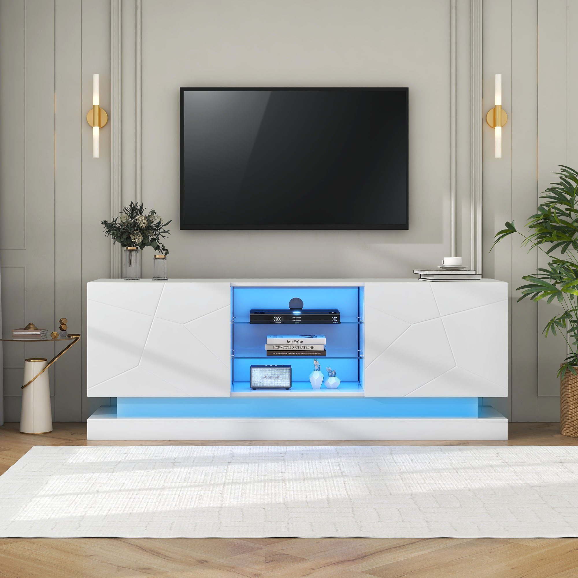 Odikalo TV-Schrank Sideboard Lowboard Hochglanz Schrank Verstellbare Glasablage Weiß