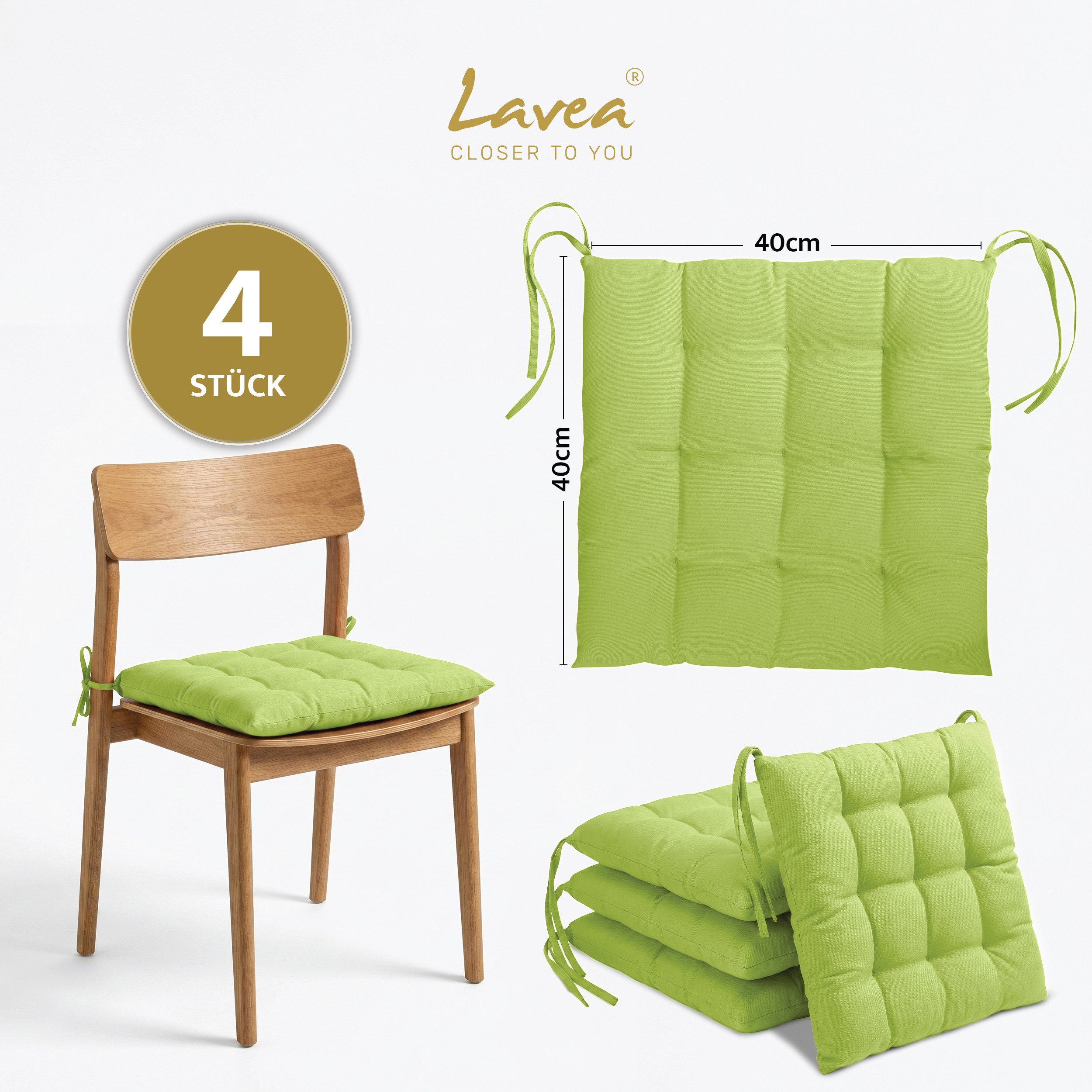 Lavea Stuhlkissen Lavea® Sitzkissen & Stuhlkissen 40x40 cm – 4er/8er Set, 40x40x3 cm, mit Stoffbändern, Indoor & Outdoor, für Garten & Balkon