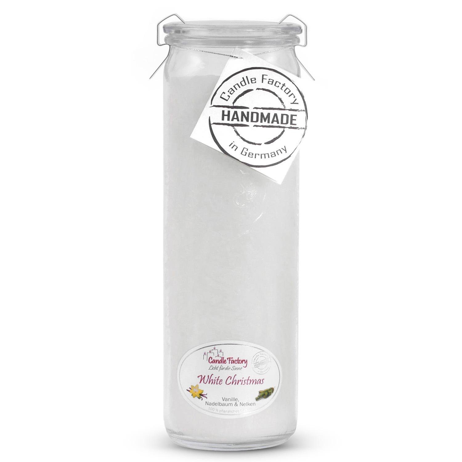 Landshop24 Duftkerze Candle-Factory Duftkerze aus Stearin im Weckglas Big Jumbo (Duft "White Christmas), brennt bis zu 100h