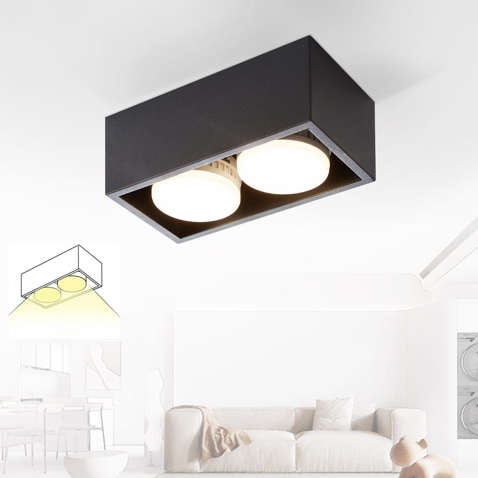 Wohnzimmer, LED Aufputz Schwarz LED 3000k, Küche integriert, Weiß - Deckenspots für GX53, Aufbauleuchte Warmweiß LED fest 2 Deckenstrahler Flammig mit Aufbaustrahler ZMH