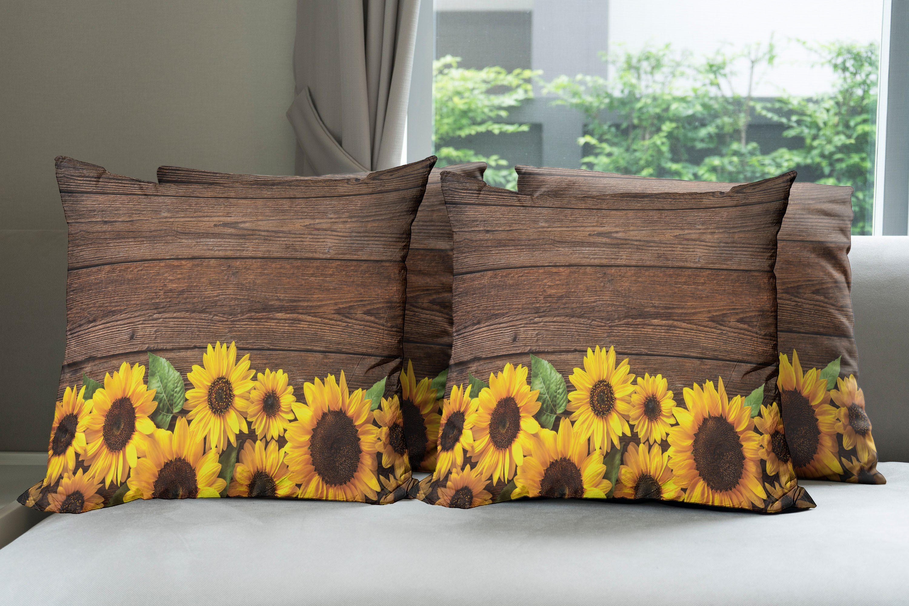 Stück), Kissenbezüge Doppelseitiger Motiv Modern Digitaldruck, Holz Sunflower (4 Abakuhaus rustikales Accent Herbst