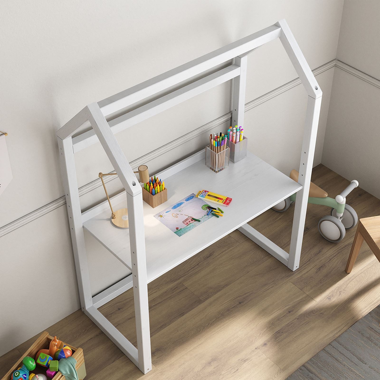 IDIMEX Kinderschreibtisch TINA, Kinderzimmer Schreibtisch höhenverstellbar im Haus-Design weiß