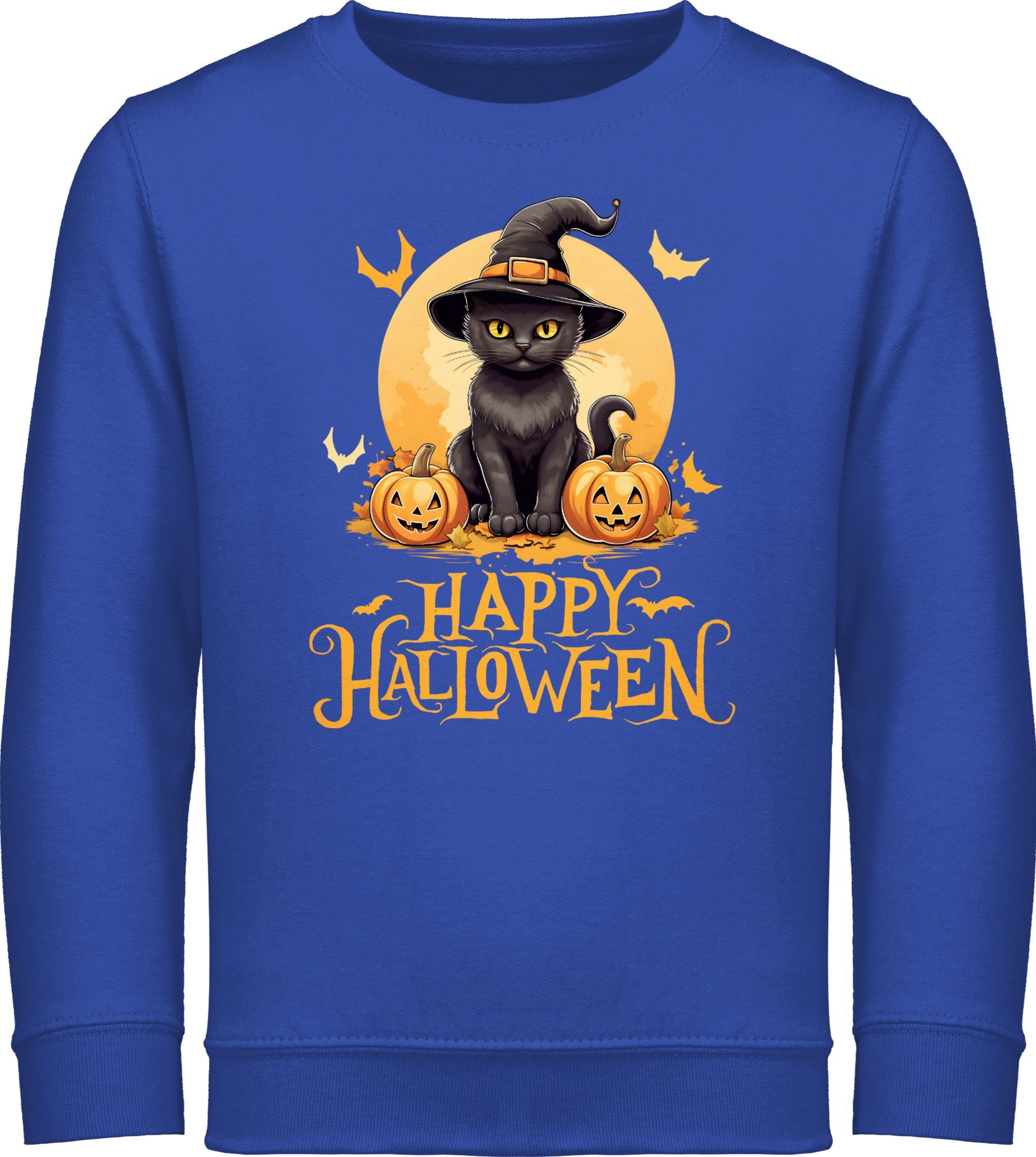 Shirtracer Sweatshirt Happy Halloween Katze Hexenhut Lustig Katzenliebhaber Cat Halloween Kostüme für Kinder