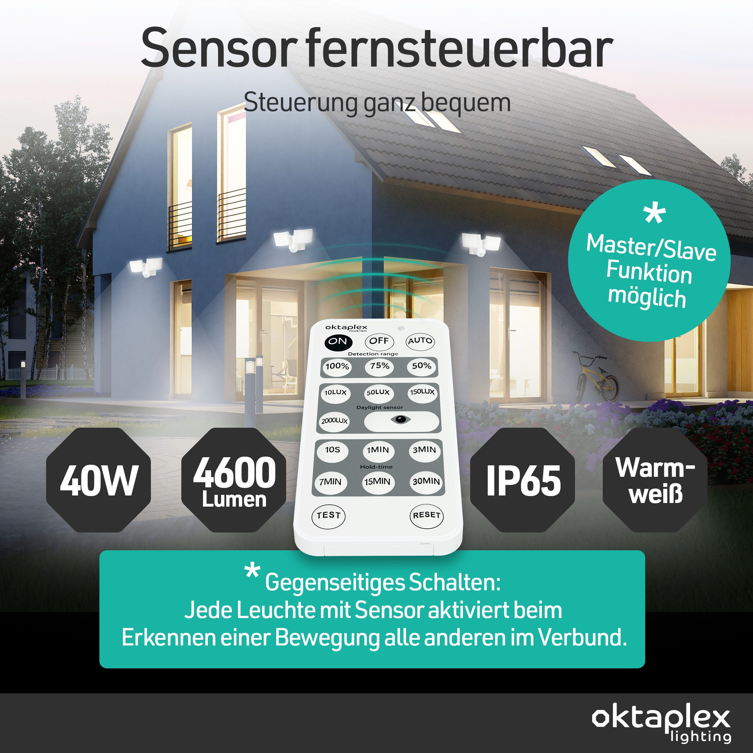 Oktaplex lighting LED Außen-Wandleuchte Cali Dos Außenstrahler mit Bewegungsmelder 8m / 240 Grad IP65, PIR-Sensor, dreh- und schwenkbar, inklusive Leuchtmittel, – Bild 2 von 5