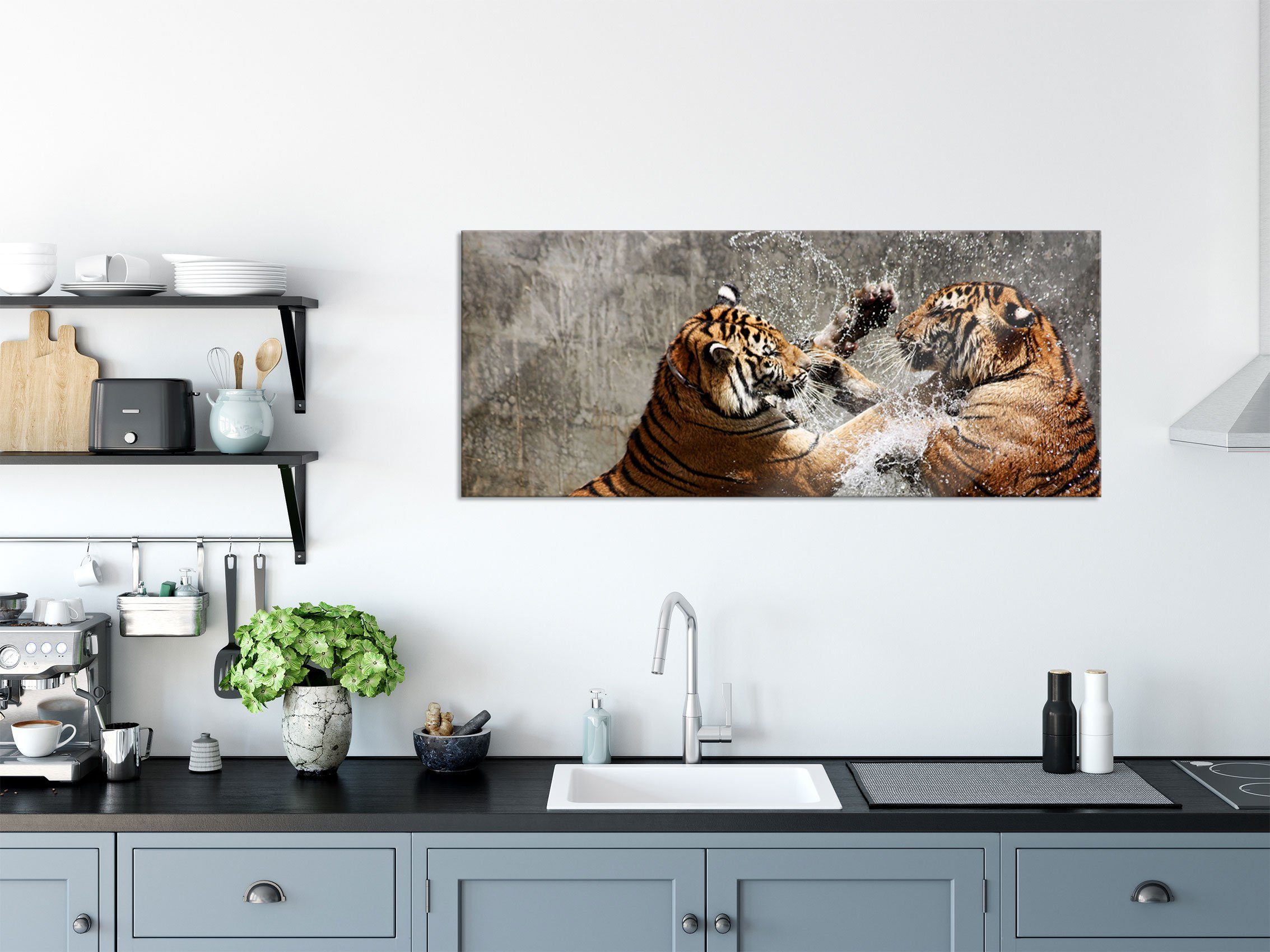 Glasbild Wasser Tiger im Kämpfende Aufhängungen Pixxprint (1 aus St), im Abstandshalter Wasser, Kämpfende Tiger und Glasbild inkl. Echtglas,