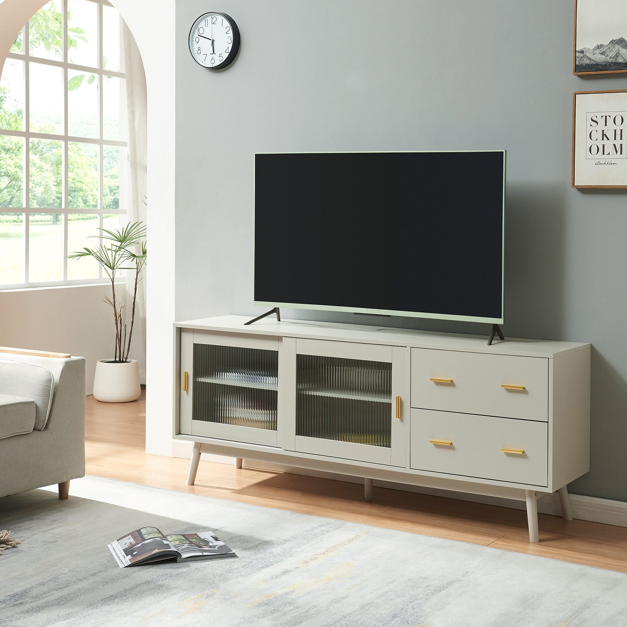 en.casa TV-Schrank »Susa« 160x40x65 cm mit Glasfront Beige
