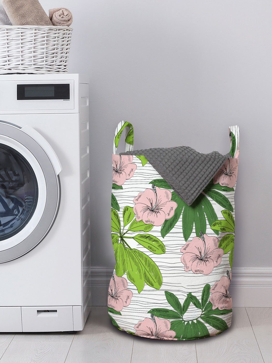 Tropisch Kordelzugverschluss Abakuhaus mit für Waschsalons, gezeichnet Hibiscus Hand Wäschekorb Griffen Flora Wäschesäckchen