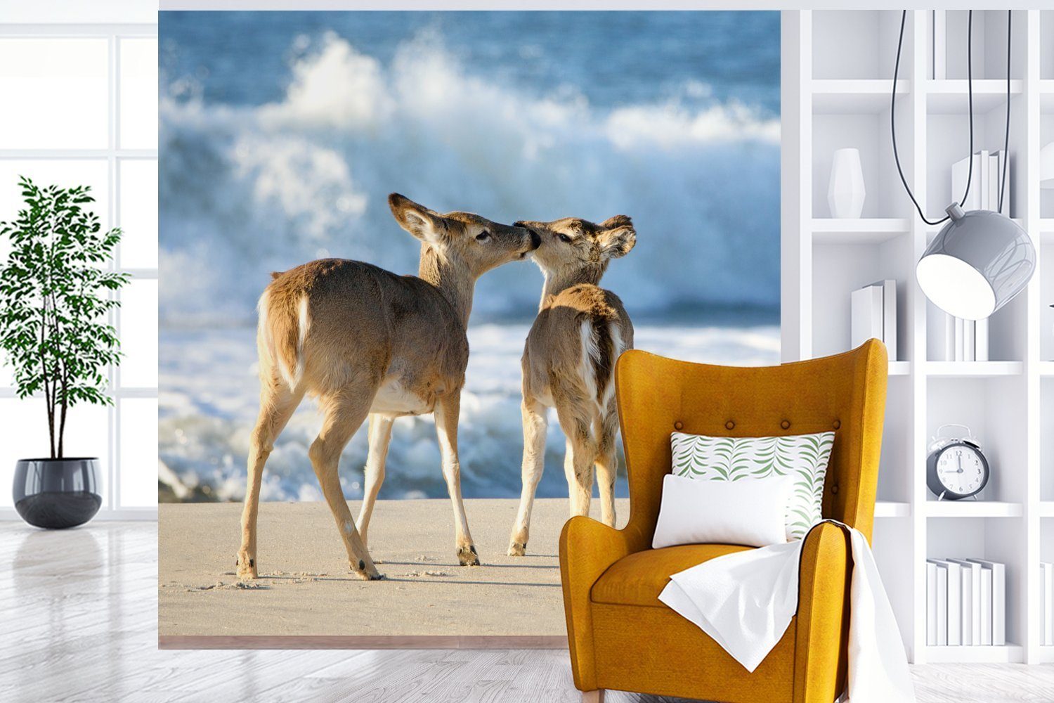 oder Vinyl Wasser - Wohnzimmer für Wandtapete Tapete Matt, St), bedruckt, - Fototapete Hirsche Sand, MuchoWow Meer (5 - Schlafzimmer,