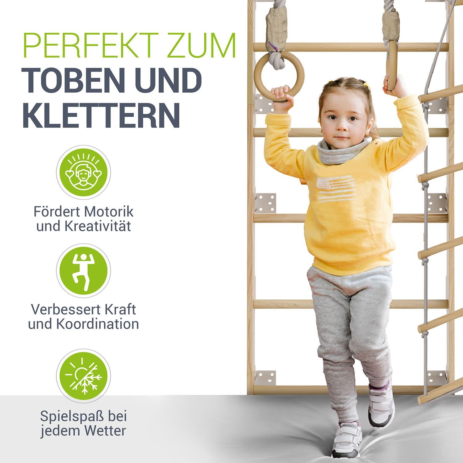 Juskys Sprossenwand, für Kinder, Kletterwand mit Strickseil, Turnringen und Klimmzugstange