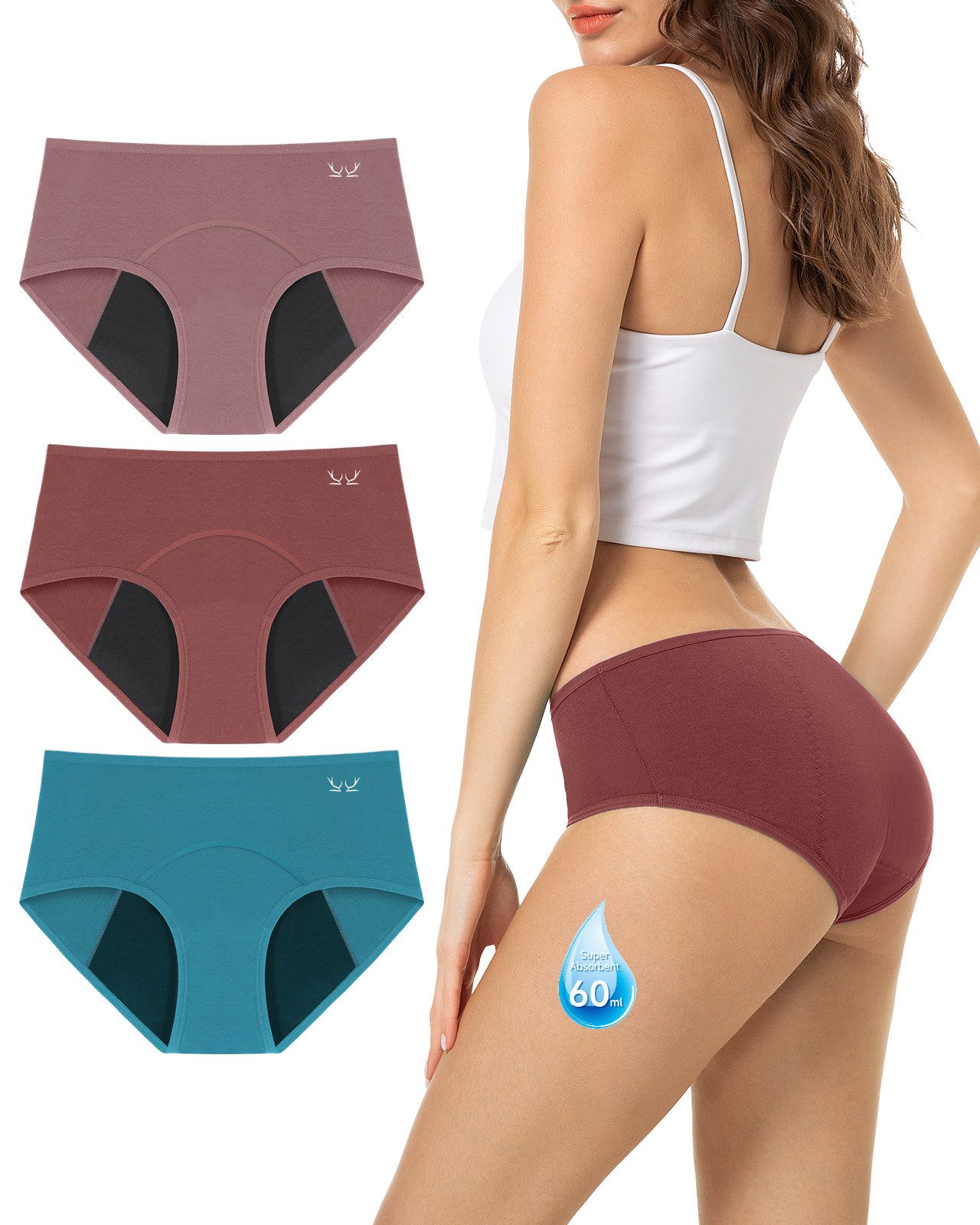 TANSTC Periodenslip Periodenunterwäsche Damen, Menstruationsunterwäsche (Packung, 3er-Pack) auslaufsicher, für starke Tage geeignet, mehrlagiger Schutz, waschbar