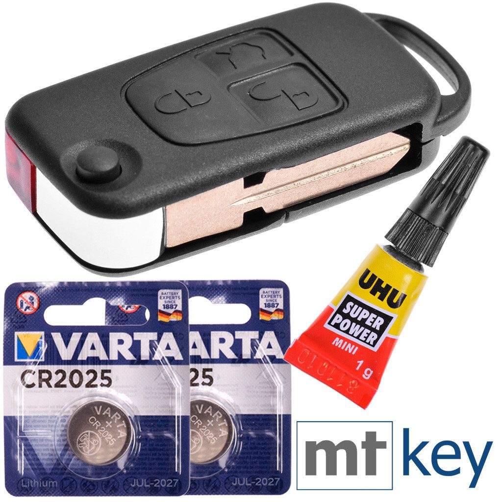 mt-key Auto Schlüssel 3 Tasten + HU39 Rohling + 1x Kleber + 2x VARTA CR2025 Knopfzelle, CR2025 (3 V), für Mercedes Benz W163 R129 SL ML Funk Fernbedienung