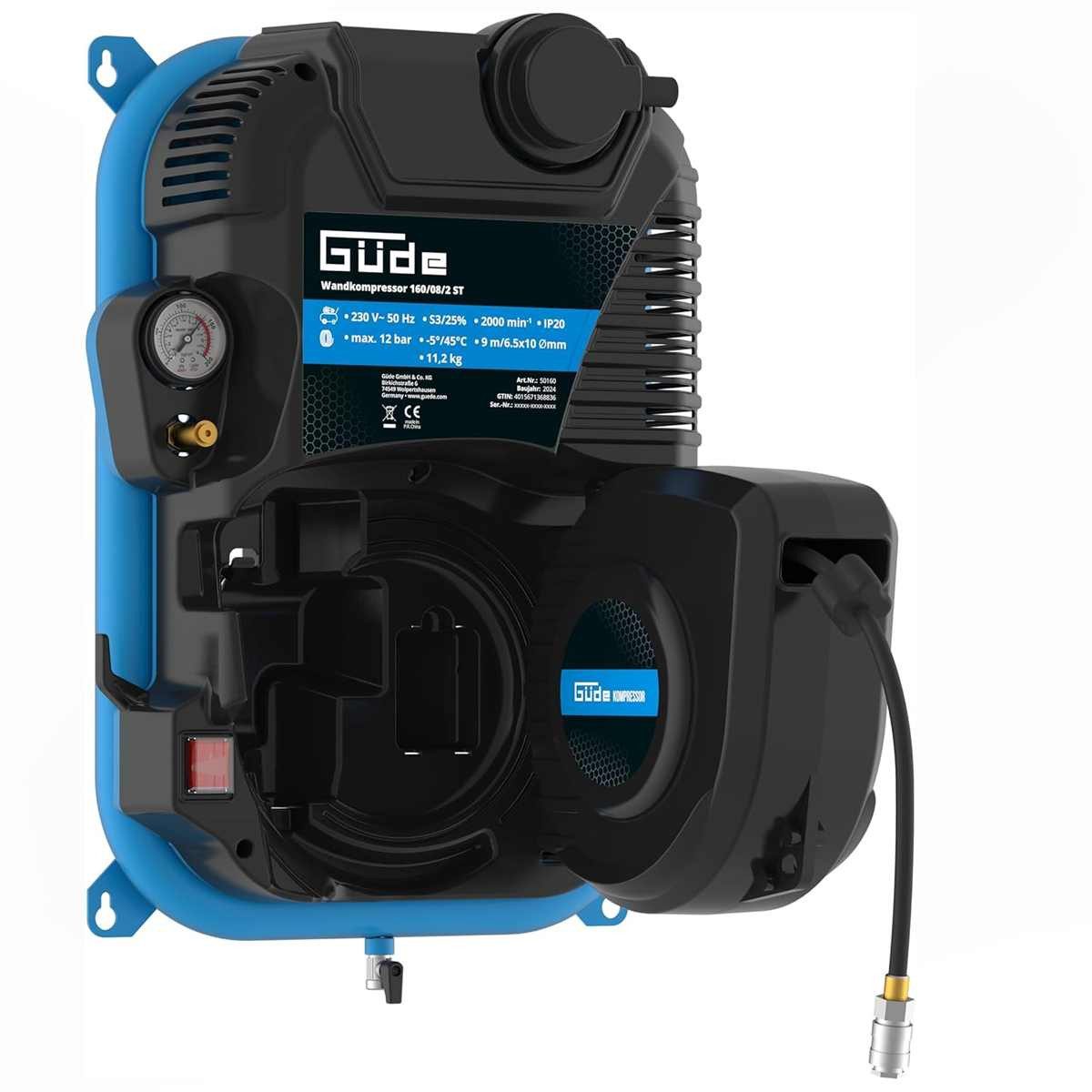 Güde Kompressor Wandkompressor 160/08/2 ST 1100 W/230 V, Automatikschlauchtrommel, 9 m