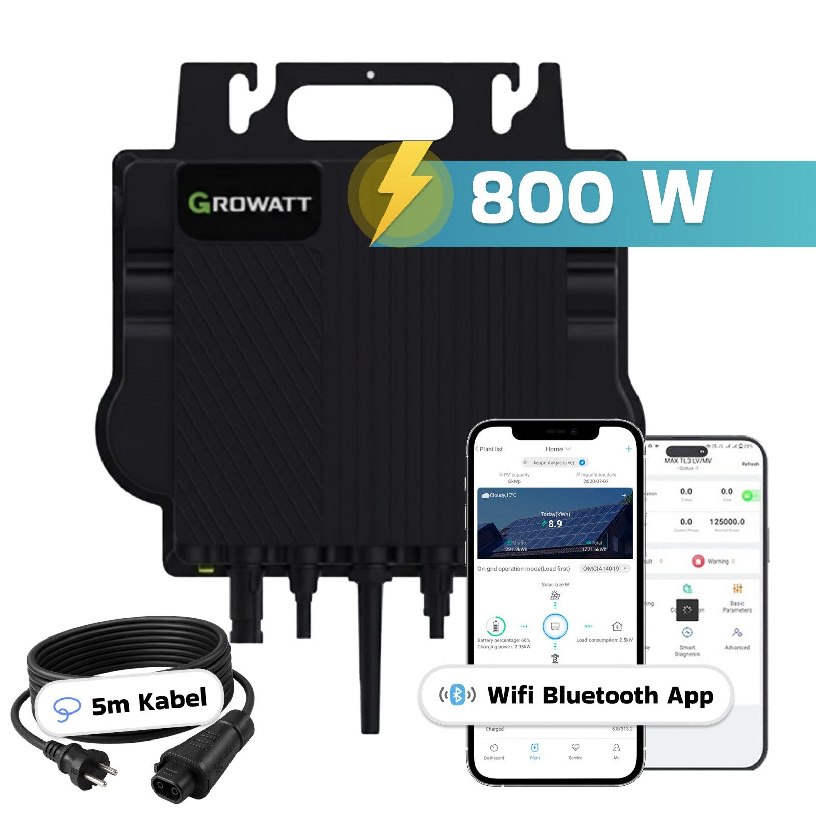 SUNNIVA Wechselrichter GROWATT Mikro-Wechselrichter 800 W NEO‑800M‑X, (für Balkonkraftwerk, IP67 wetterfest, Plug&Play Installation, 2 MPPT, WIFI Bluetooth, inkl.5m Anschlusskabel Micro Inverter)