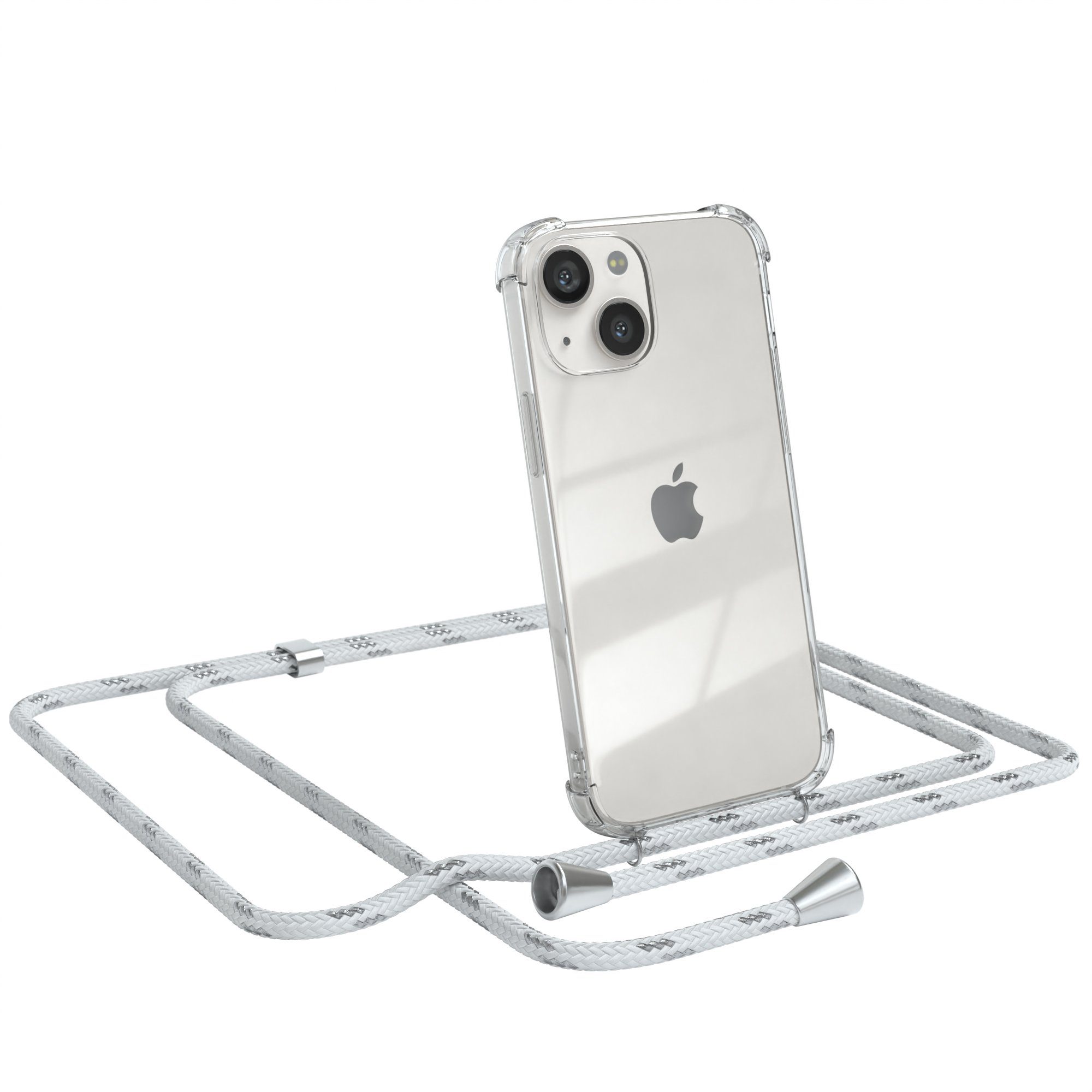 EAZY CASE Handykette Hülle mit Kette für Apple iPhone 13 Mini 5,4 Zoll, Hülle Smartphonekette für Unterwegs Festivalhülle Transparent Weiß