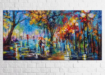 YS-Art Gemälde Herbstliche Allee, Menschen, Paar Regenschirm Leinwand Bild Handgemalt Allee Baum