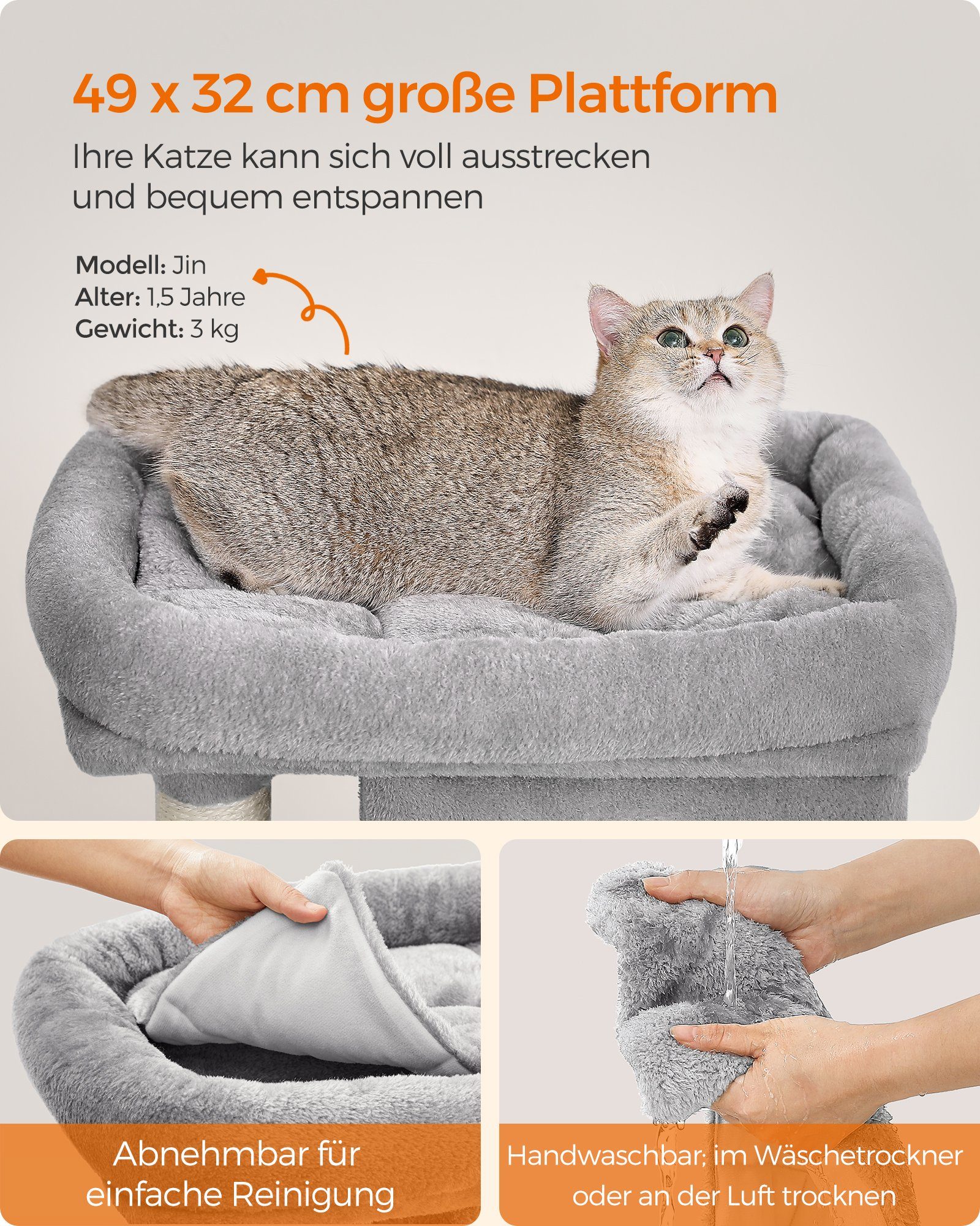 FEANDREA Kratzbaum kompakt, mit großer Plattform, 2 Katzenhöhlen und Sisalstämmen
