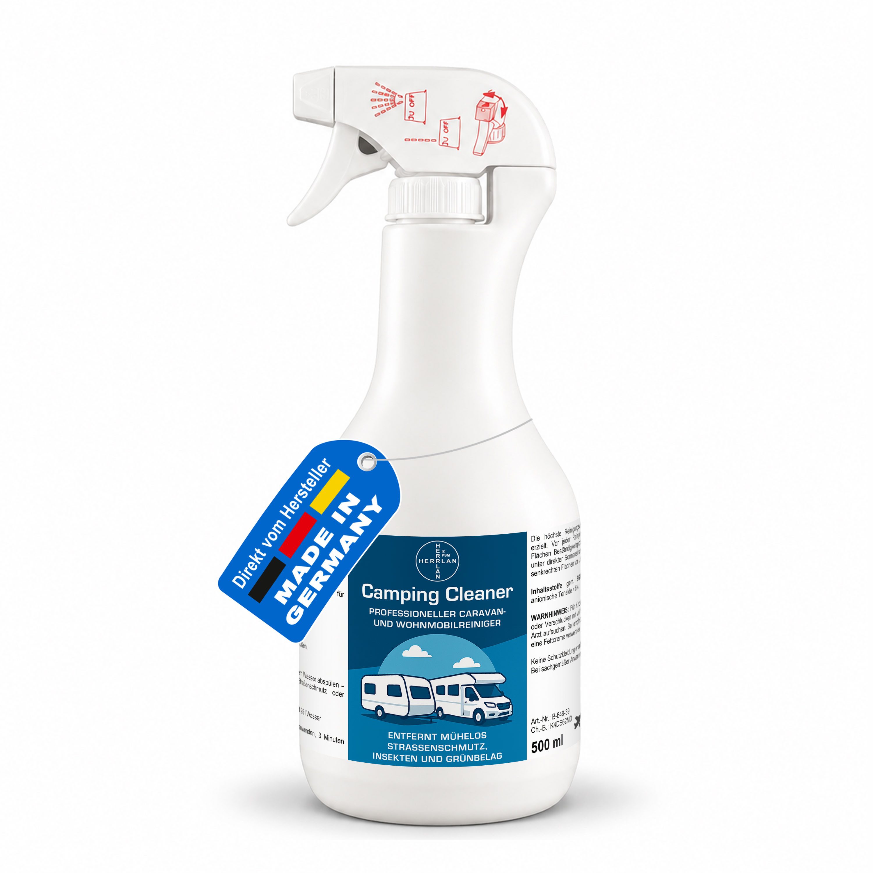 HERRLAN Camping Cleaner – Caravan- & Wohnmobilreiniger Markisenreiniger (500 ml, [- entfernt Fett, Öl, Insektenreste & Schmutz)